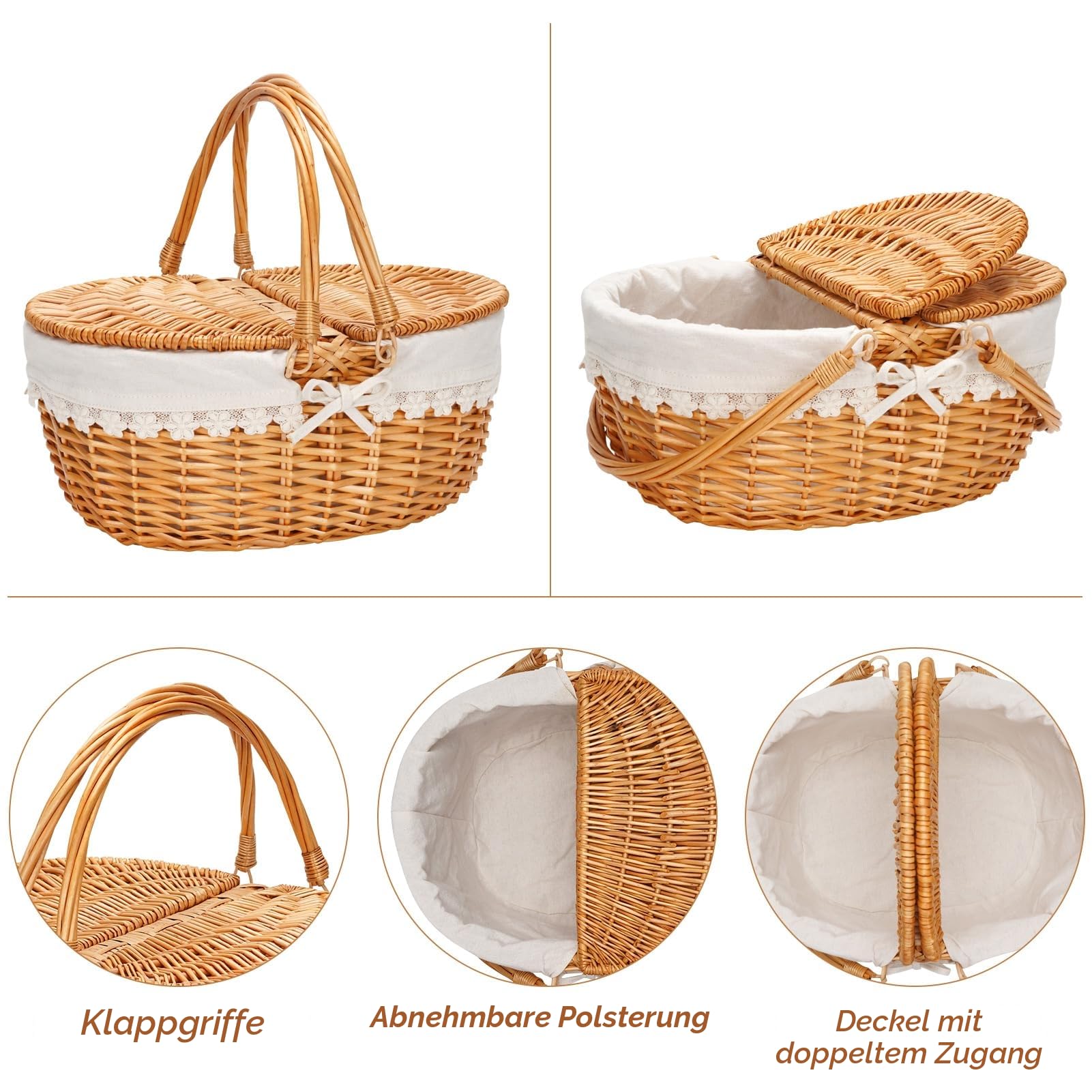 Picknickkorb mit Weiden-Deckel und cremefarbener Innenauskleidung