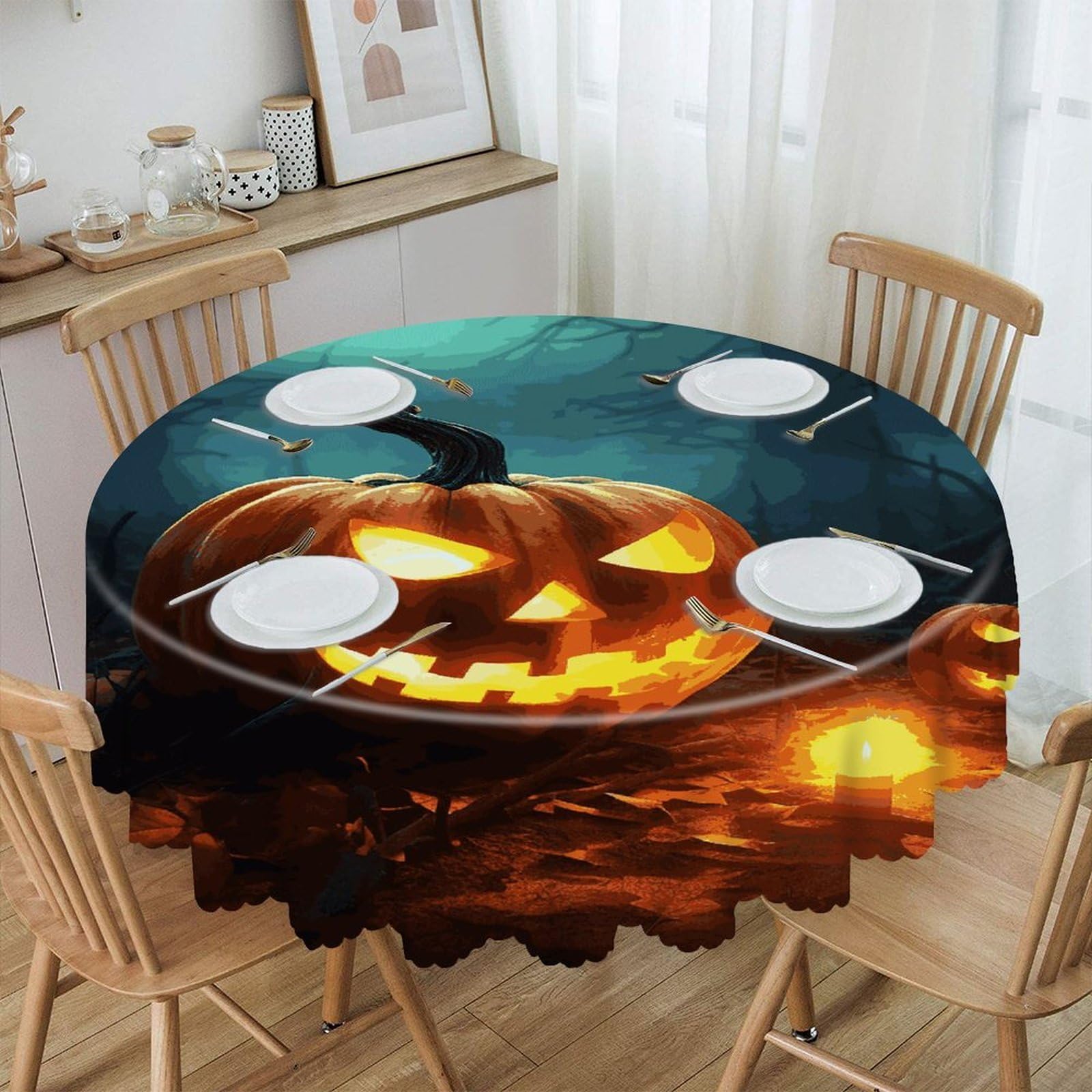 Btcowzrv Style Happy Halloween Pumpkins Polyester Round Tablecloth 59.84 Inch, Decorative Washable Table Cover, Table Cloth For Restaurant Picnic Indoor And Outdoor Dining