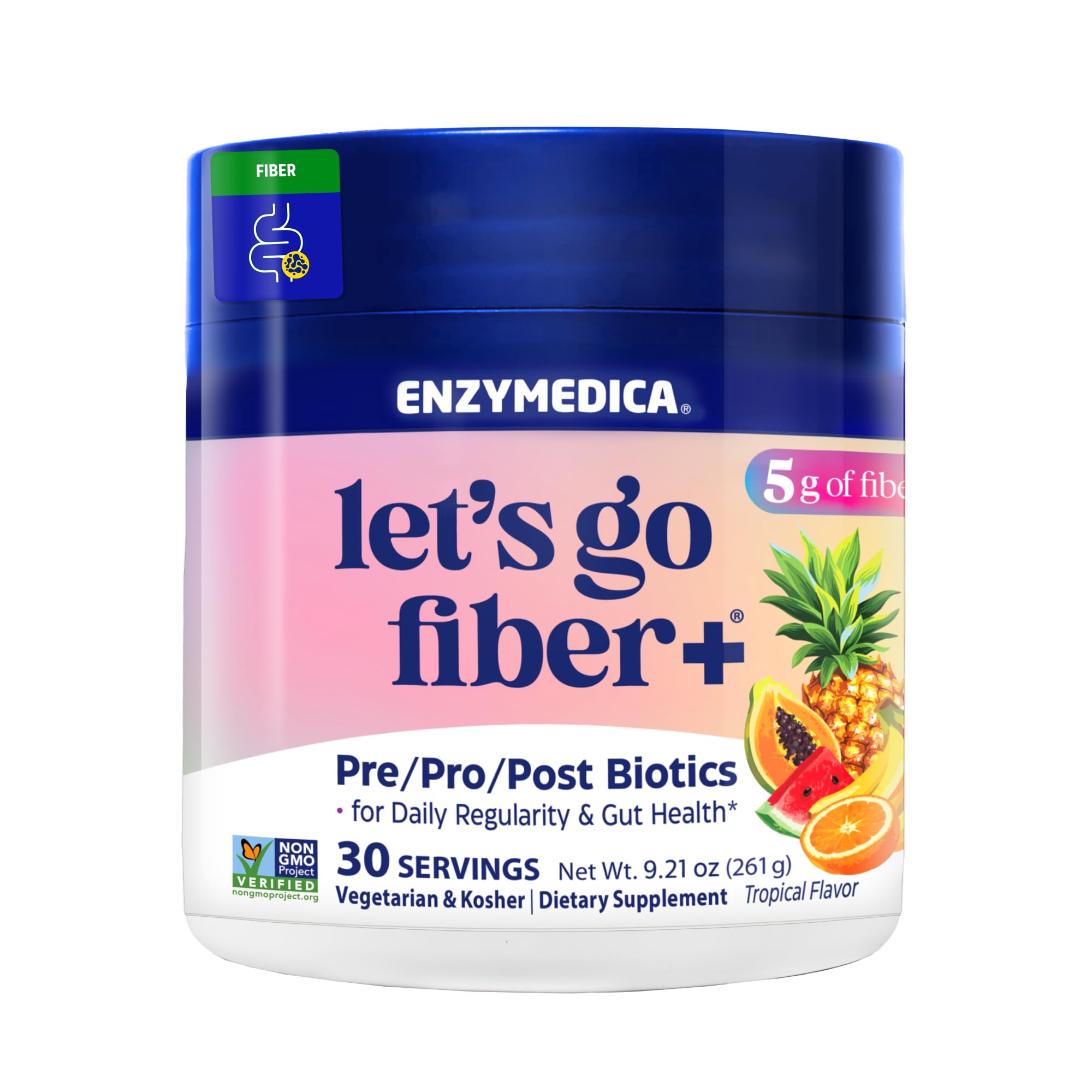 Enzymedica Let's Go Fiber+ Powder Supplement for Women & Men - 9.21 oz Tropical Fruit 9.21 Ounce (Pack of 1)
