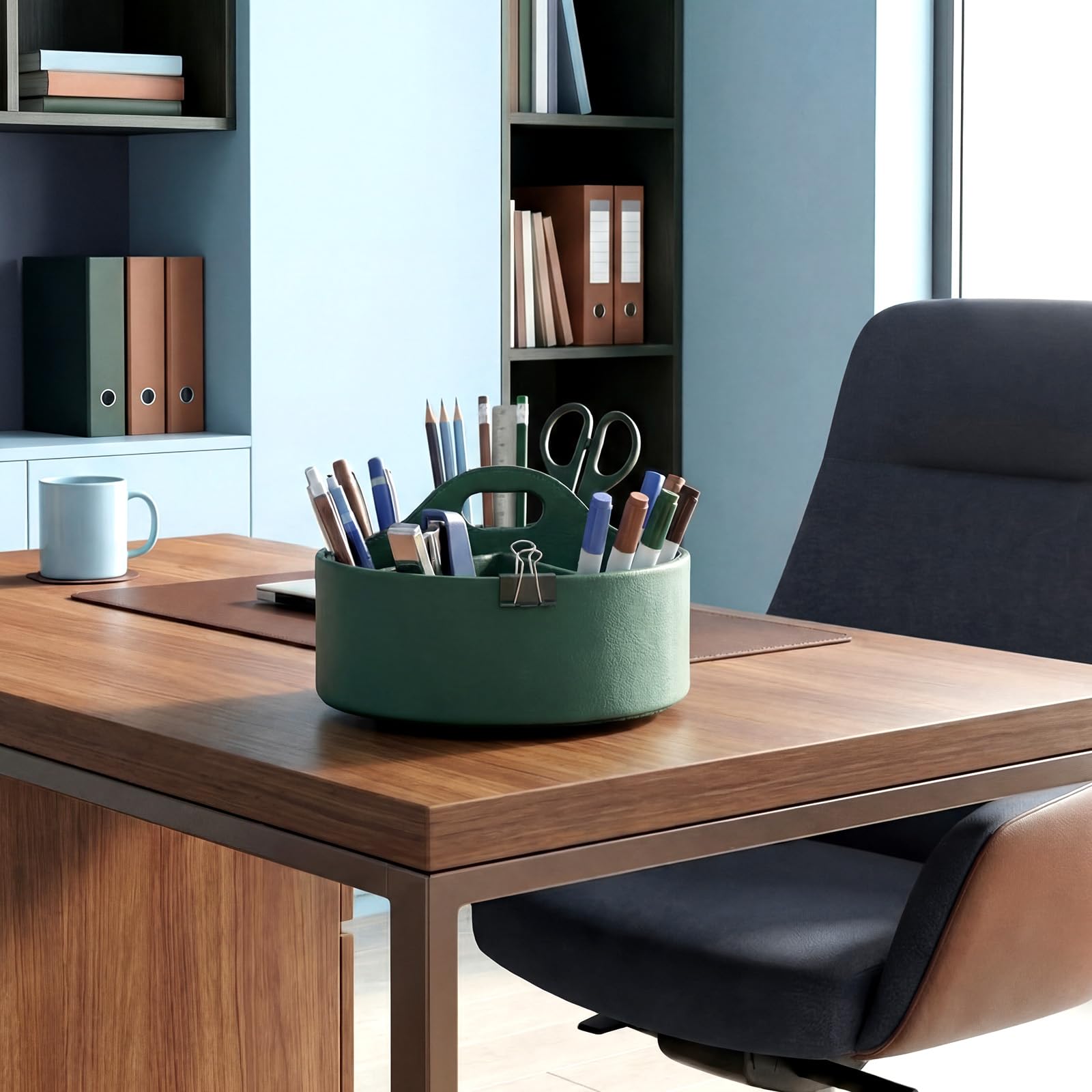 360° drehbarer Schreibtisch-Organizer aus Leder mit 6 Fächern und Griff, extra großer Stifthalter, drehbarer Bleistift-Aufbewahrung, Lazy Susan, Organizer, Büro-Schreibtischbedarf, Marker