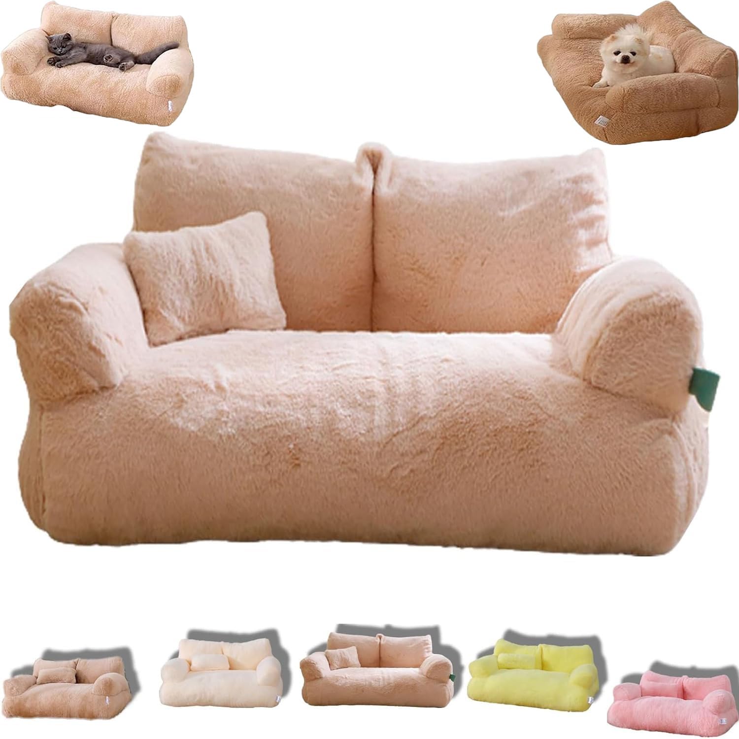Pelinuar Calming Pet Sofa,Calming Dog Bed Plush Pet Sofa,Soft Calming Cat Sofa Beds,Washable Cat Beds for Medium Small Dogs ＆Cats (M, Beige)