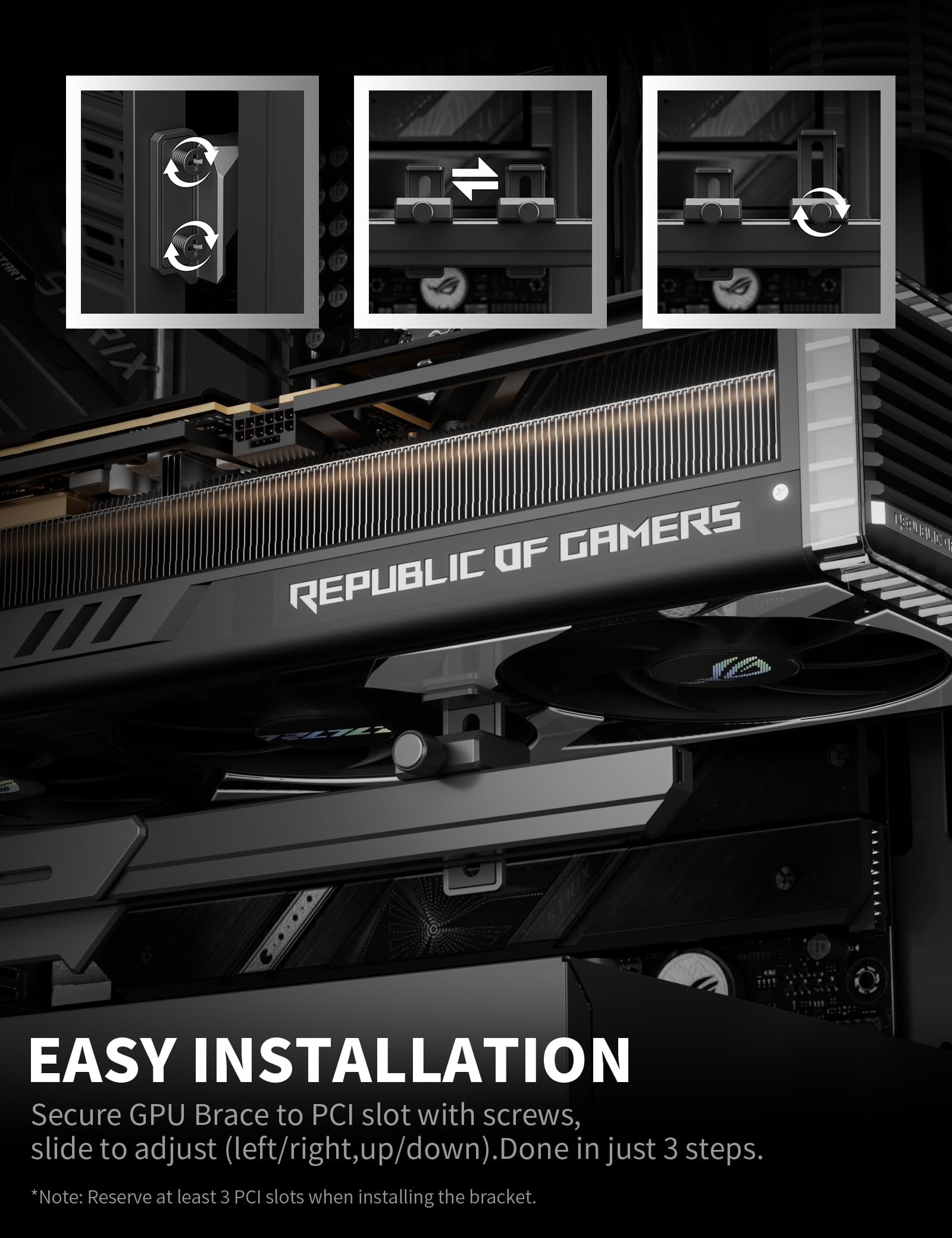 upHere GL7 Support de GPU en alliage robuste pour carte graphique réglable pour cartes vidéo universelles, design rail coulissant, noir