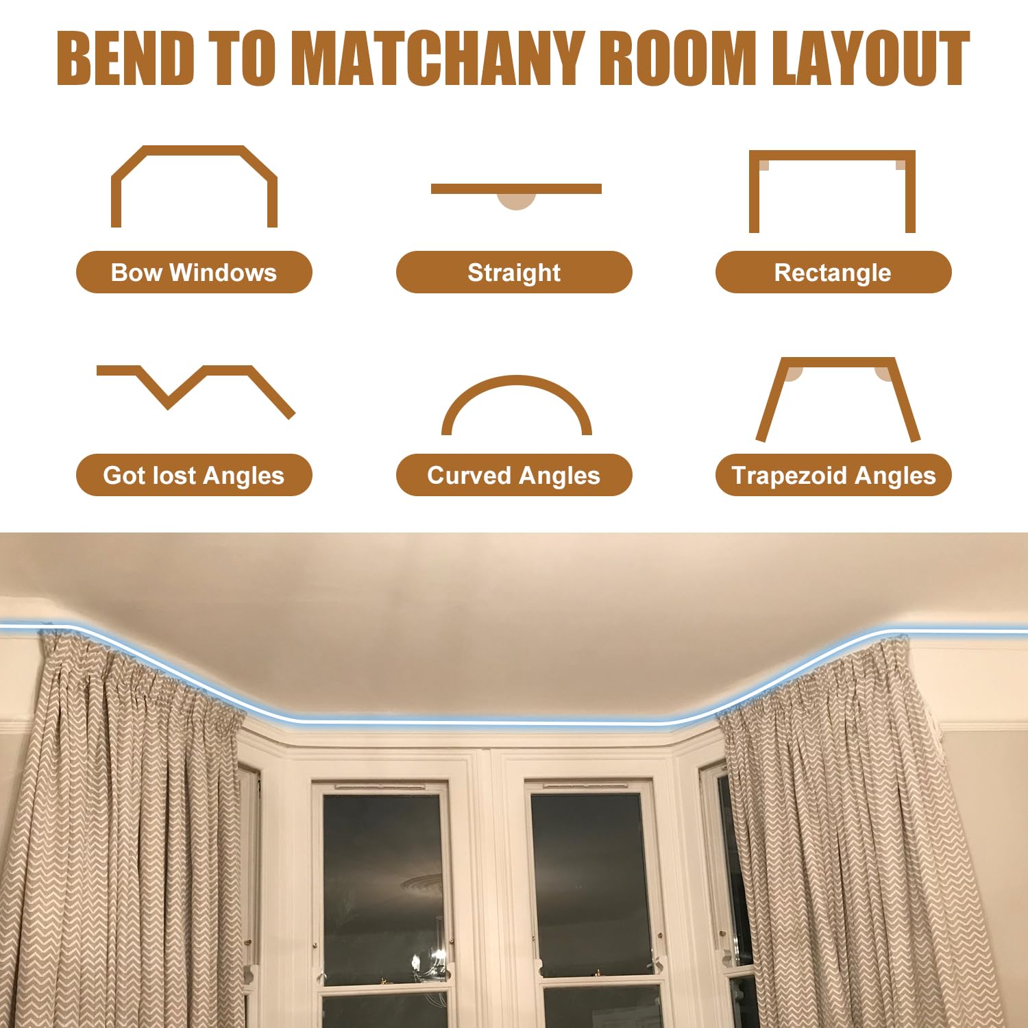 Binario Per Tende Flessibile Da Soffitto LOMUG – 5m Con Rulli Silenziosi, Staffe E Accessori – Per Soggiorno, Bagno, Camper E Divisori