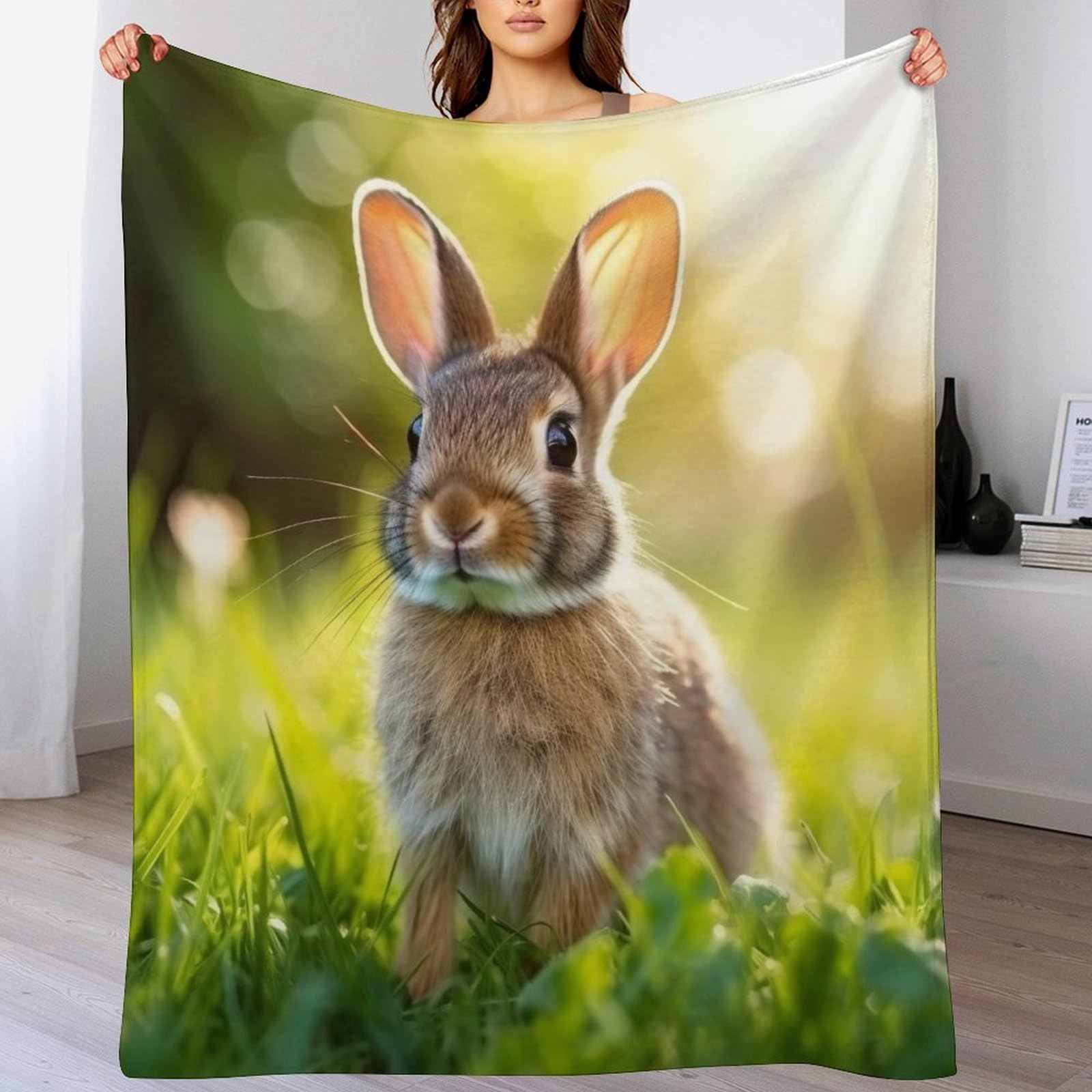 Couvre-lit en flannel 150x200cm, jeté de canapé imprimé lapin pour salon