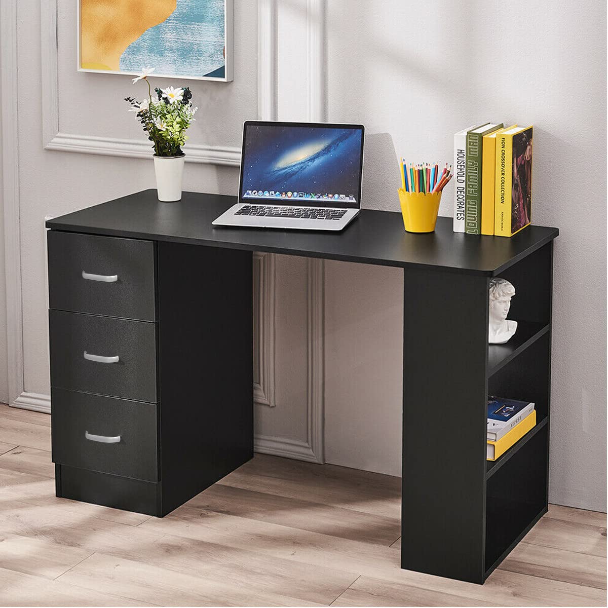 Buy VANSPACE Computer Desk 3 Drawers PC Laptop Black Desk with Shelves