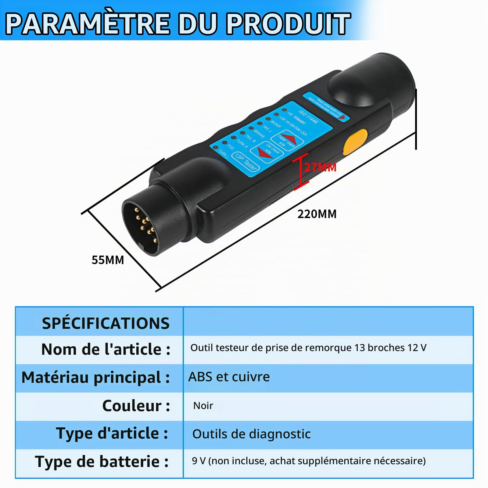 AOHEWEI 13 Broches Feux De Remorque Testeur pour Fiche Et Prise Diagnostic des Circuits électriques Câblage 12v Connecteur De Remorquage Voiture Caravane