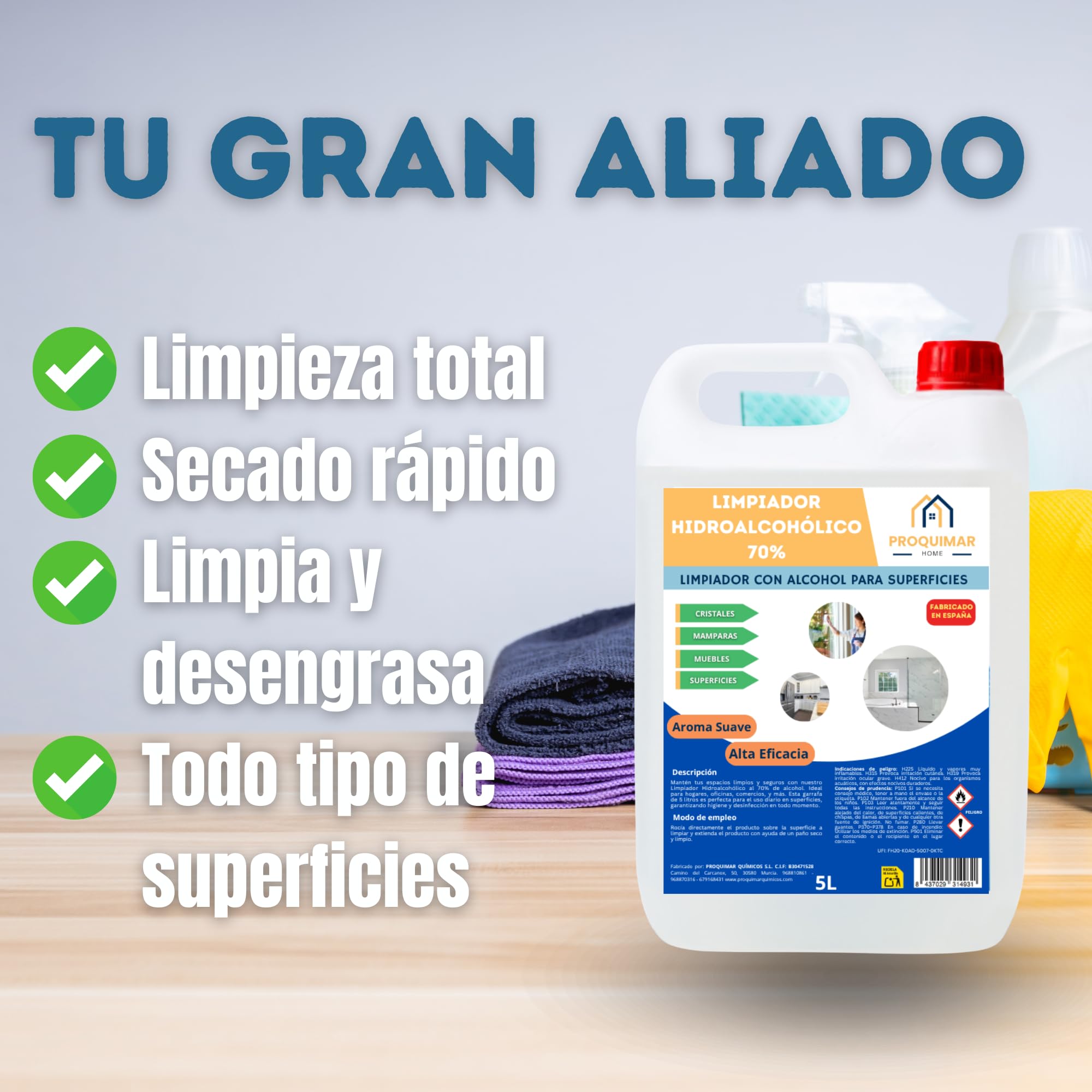 Proquimar | Limpiador Hidroalcohólico 70% Alcohol – Uso profesional y doméstico – Rápida evaporación sin enjuague (5 Litros)