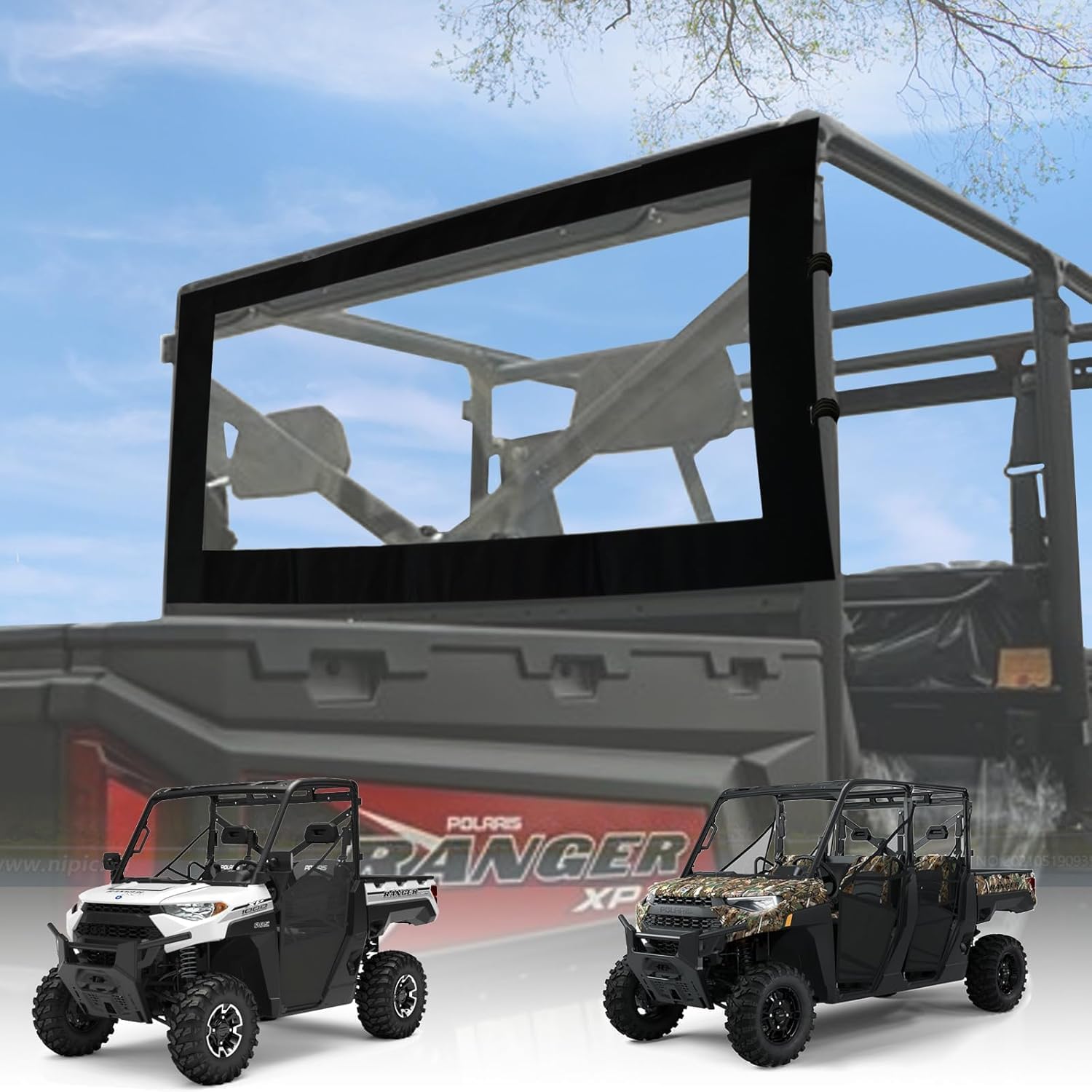 QYMOTO Polaris Ranger 1000 Rear Window 900 1000 XP Crew Soft Rear Windshield Back Window Waterproof Dustproof Rear Windshield Dust Panel 2017-2026