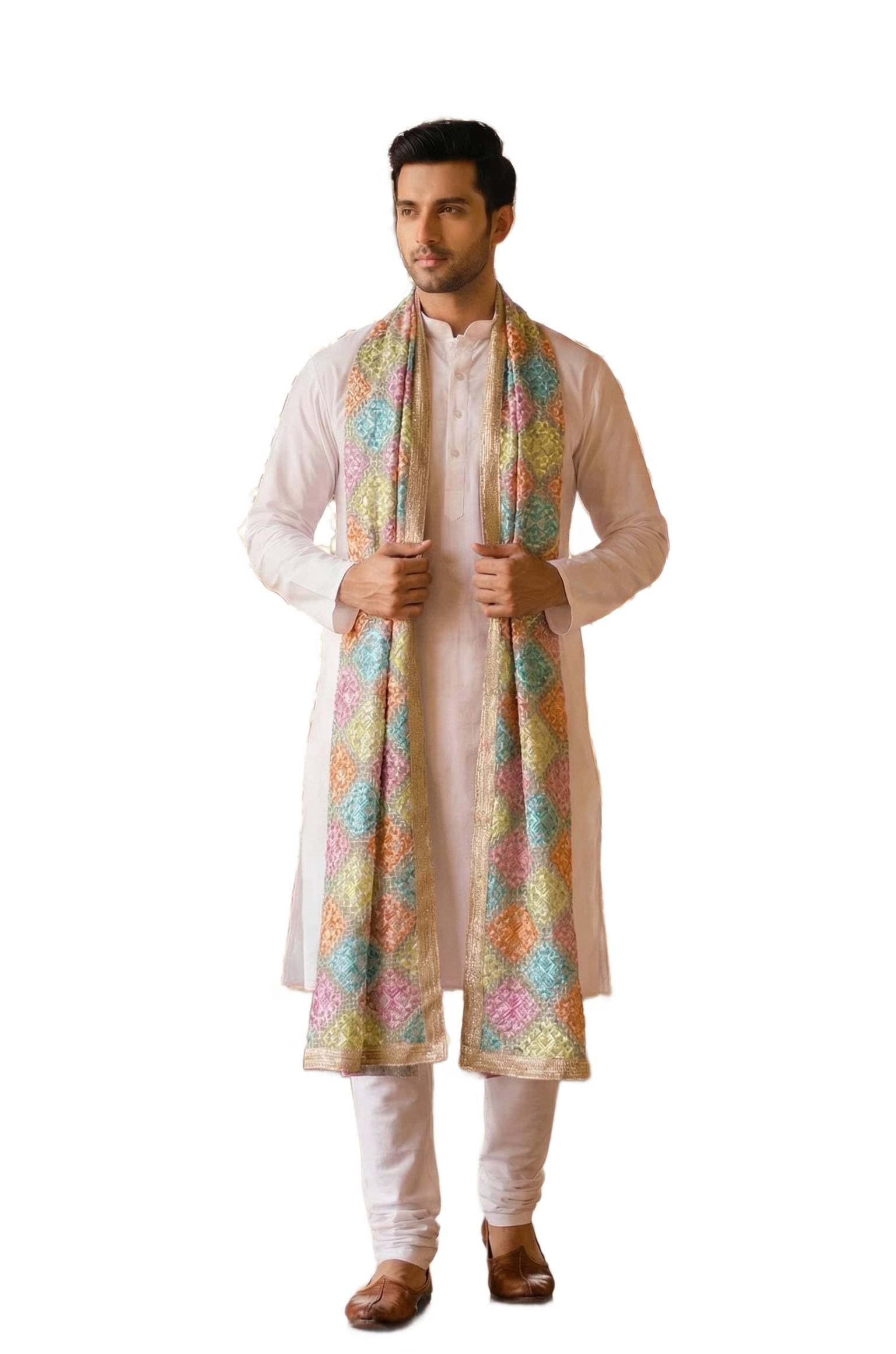 zamour Men’s Embroidered Punjabi Phulkari Bagh Dupatta with Chinnon Fabric in Pastel Tones| Perfect for Festival & Wedding-picture-16