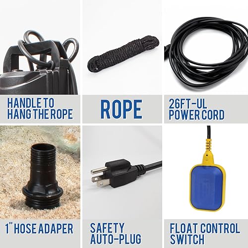 Miniatura 9 de Weeflos Bomba sumergible, de sumidero y utilidad 1HP, bomba de agua de alto caudal de 4700 gph, cabeza máxima de 28 pies, carcasa de aluminio