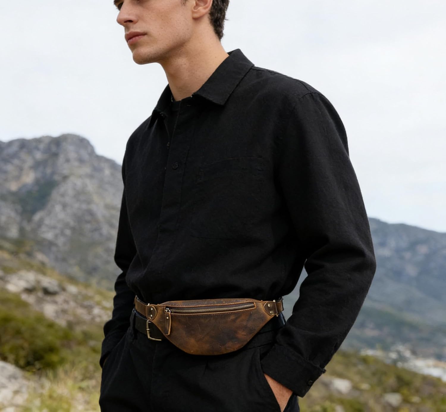 Vintage Genuine Leather Fanny Pack Small Waist Bag Travel Sling Pouch with Adjustable Leather Belt Coffee - Image 4