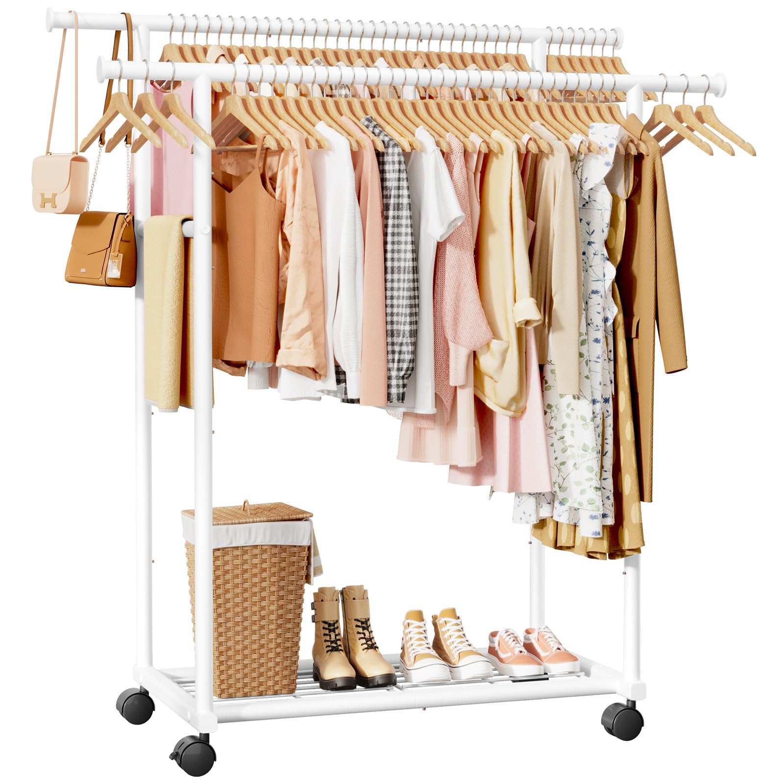 Sakugi Clothes Rail - Double Rod Clothes Rack with Fixed Extension Rod & Universal Wheels, Clothing Rail with Built-In Shelf for Closet Organizers and Storage, 98cm x 42cm x 150cm, White
