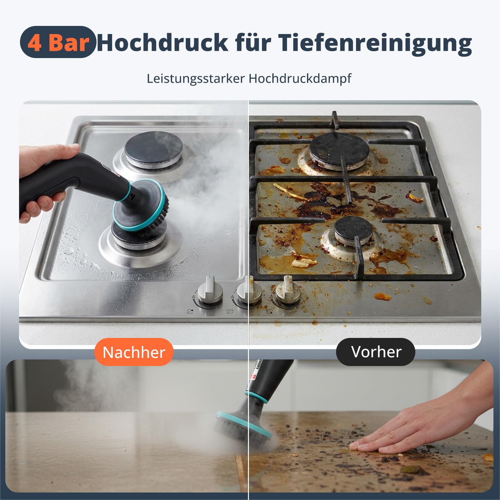 2500W Handdampfreiniger mit 4 Bar Druck – 15 Sek. Aufheizzeit, 105°C Dampftemperatur, 1250ml Wassertank, 6-stufig regelbar, inkl. 23 Aufsätzen für Küche, Bad, Auto & Fliesen