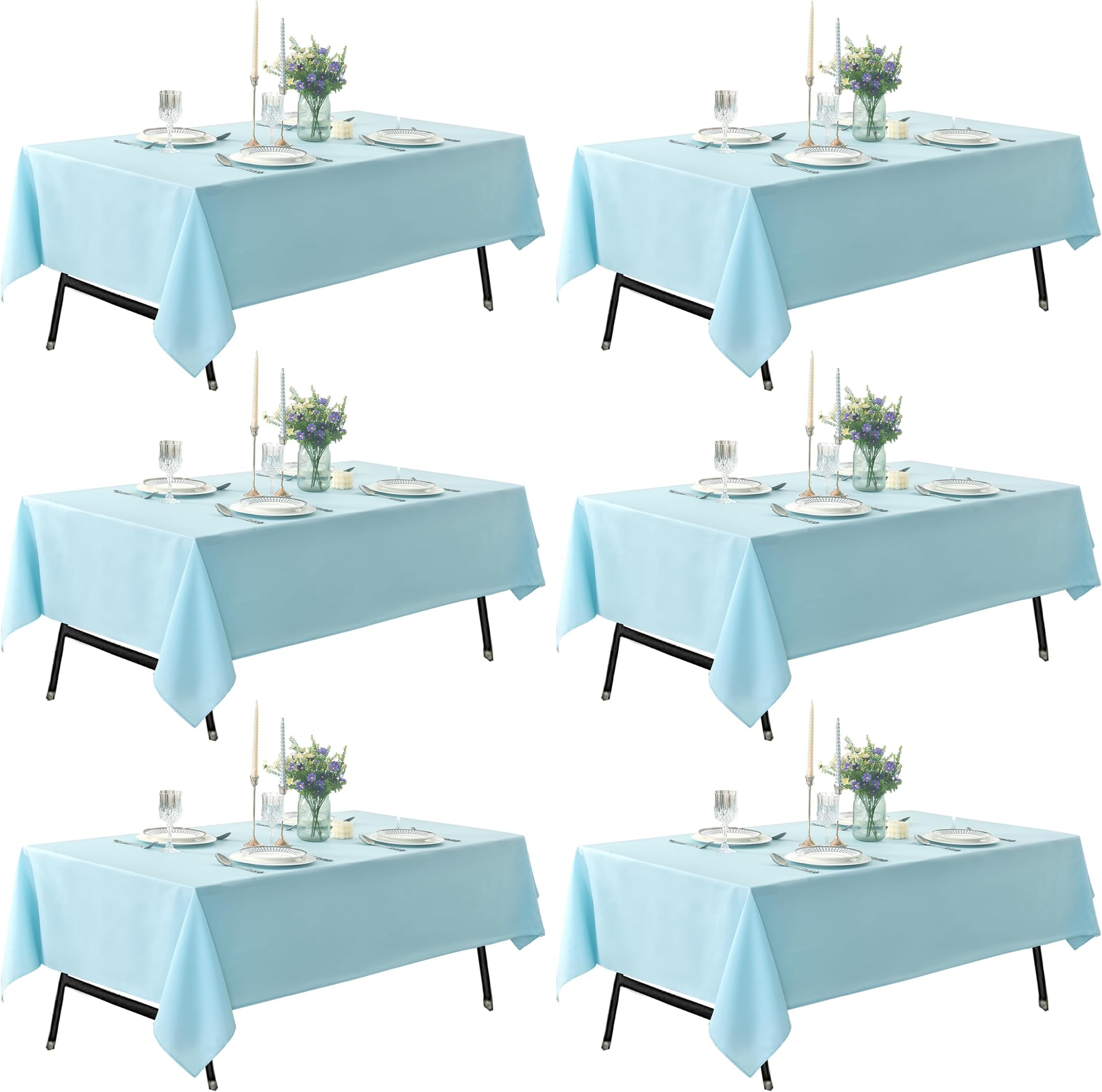 - 6-Pack 60x144 inch Dusty Blue Table Cloths, Solid Stain and Wrinkle Resistant Oblong Tablecloth, Premium Plain Weave Polyester Fabric Rectangle Table Linen Covers for Hotel, Banquet