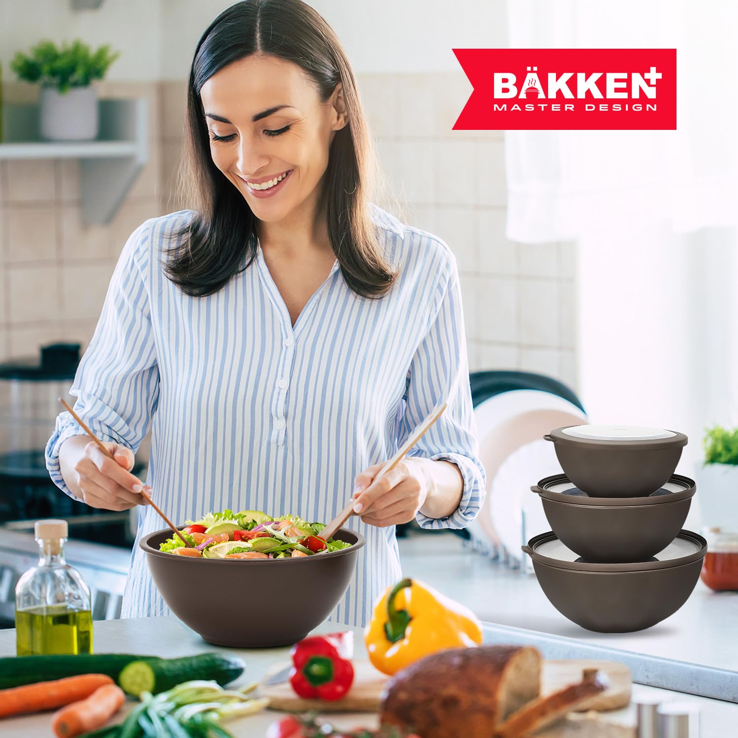 Bakken Master - Juego de 12 cuencos de plástico con tapas, incluye 6 cuencos de preparación y 6 tapas, sin BPA, recipientes reutilizables para preparación de comidas, aptos para microondas, congelador