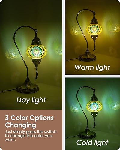 Miniatura 2 de Yarra-Decor Lámpara de mesa de mosaico turco marroquí con base de bronce, 3 opciones de color, hecha a mano, cuello de cisne, mosaico Tiffany,