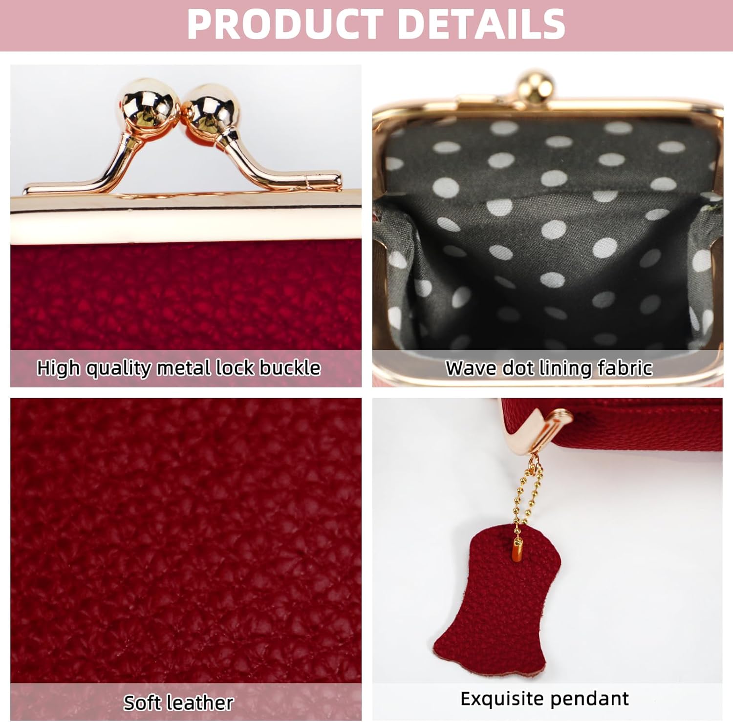 Genuine Litchi Leather Coin Purse for Women, Portable Vintage Wallet with Kiss Lock Mini Lipstick Holder Fashion Solid Color Key Storage Square Pouch (Wine red) - Image 5