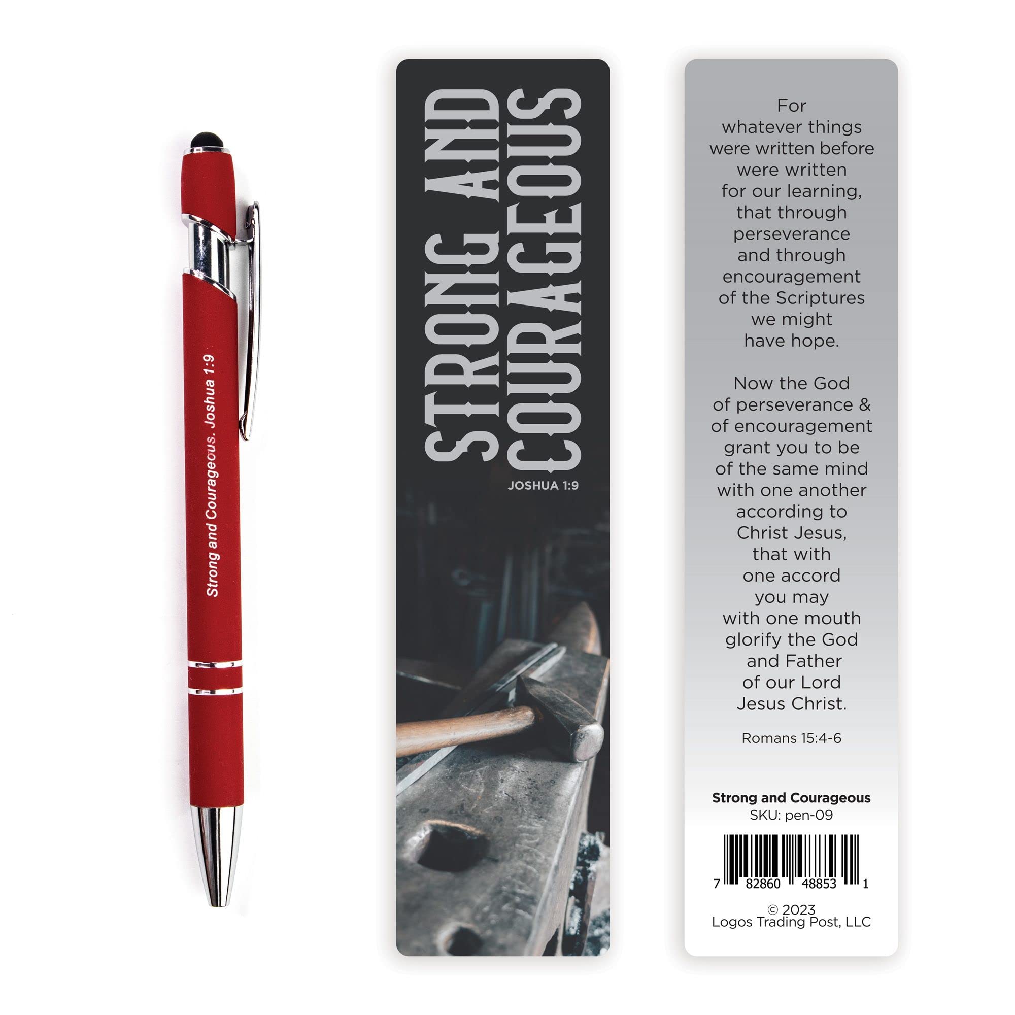 Strong and Courageous Bible Verse Pen with Bookmark - Joshua 1:9 - Inspirational Bible Pens for Devotion - Christian Pens for Women & Men with Stylus