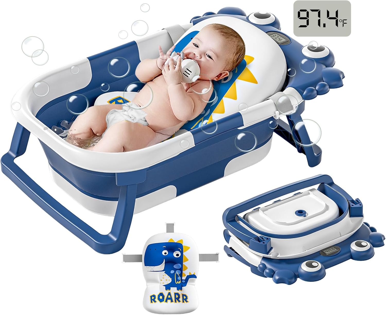 Collapsible Baby Bathtub for Newborns to Toddler with Real-time Temp Monitor & Floating Cushion,Portable Travel Tub for 0-36 Month, Foldable Baby Bath Tub for Infants Boy (Blue)