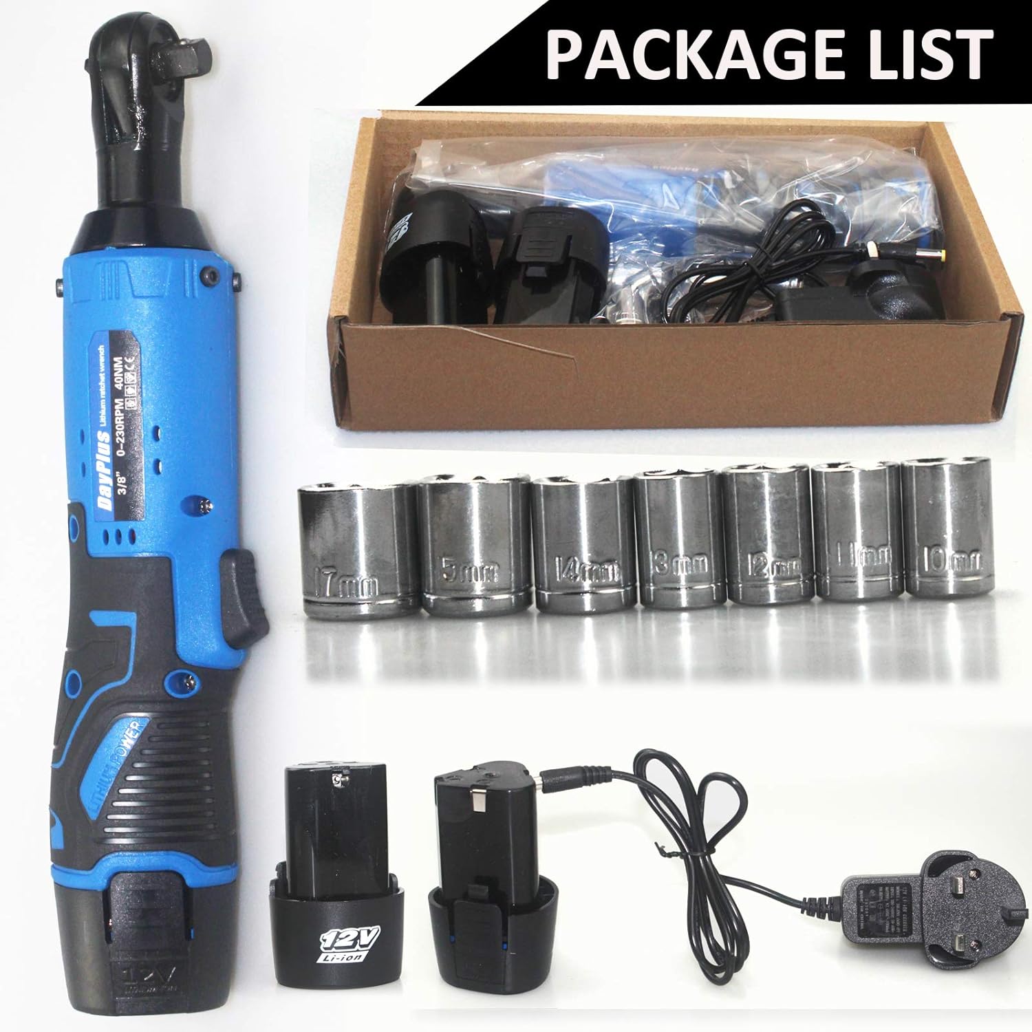 12V Electric Ratchet Wrench Set, 90 Degrees Right Angle Ratchet Wrench with 2 Pack 1500mAh Lithium Batteries Hand Power Tool, 3/8" 40N.m Max Torque Power Ratchet Wrench, 7 Size Sockets and 1 Charger