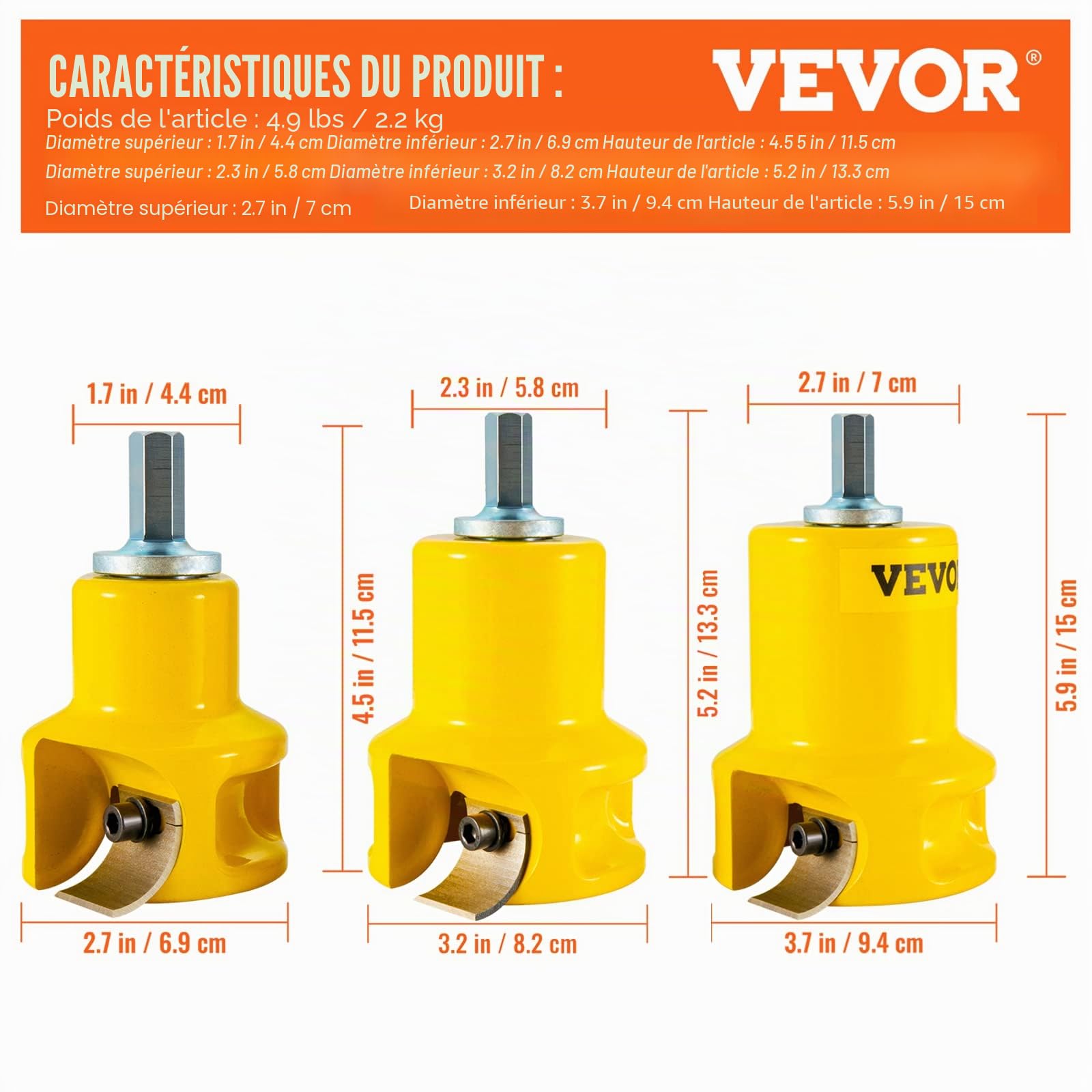 VEVOR Embouts à Tenonner 25,4 mm 38 mm et 50,8 mm Tenons à Épaules Coniques en Aluminium et Acier Solide Lames Courbées Kit de Démarrage pour Construction des Meubles en Bois Bricolage à la Maison