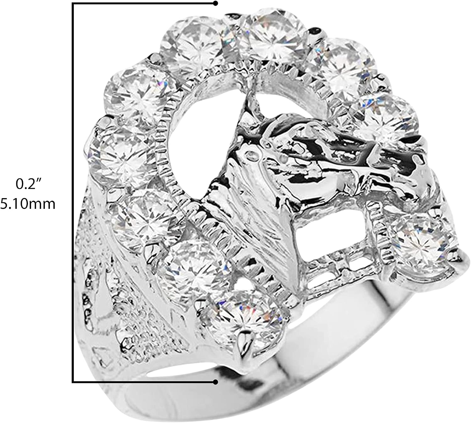 .925 Sterling Silver White Cubic Zirconia Horseshoe with Horse Head Nugget Style Shank Lucky Statement Ring - Size 9