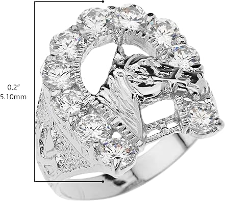 .925 Sterling Silver White Cubic Zirconia Horseshoe with Horse Head Nugget Style Shank Lucky Statement Ring