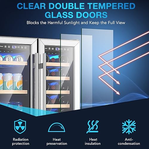 Miniatura 8 de Refrigerador de bebidas y vino, nevera de vino 2 en 1 de doble zona con control de temperatura independiente, luces LED, 18 botellas y 57 latas,