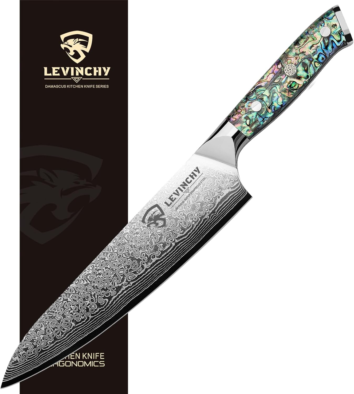 LEVINCHY Damascus Chef Knife 8 inch with Premium Abalone Shell Handle, Professional