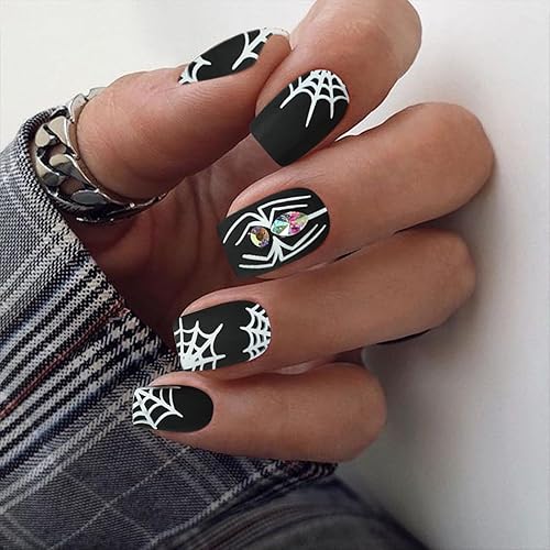 Miniatura 2 de VOTACOS Uñas postizas cuadradas cortas de Halloween, uñas postizas negras con diseño de araña de gemas mate, uñas adhesivas para mujeres 699