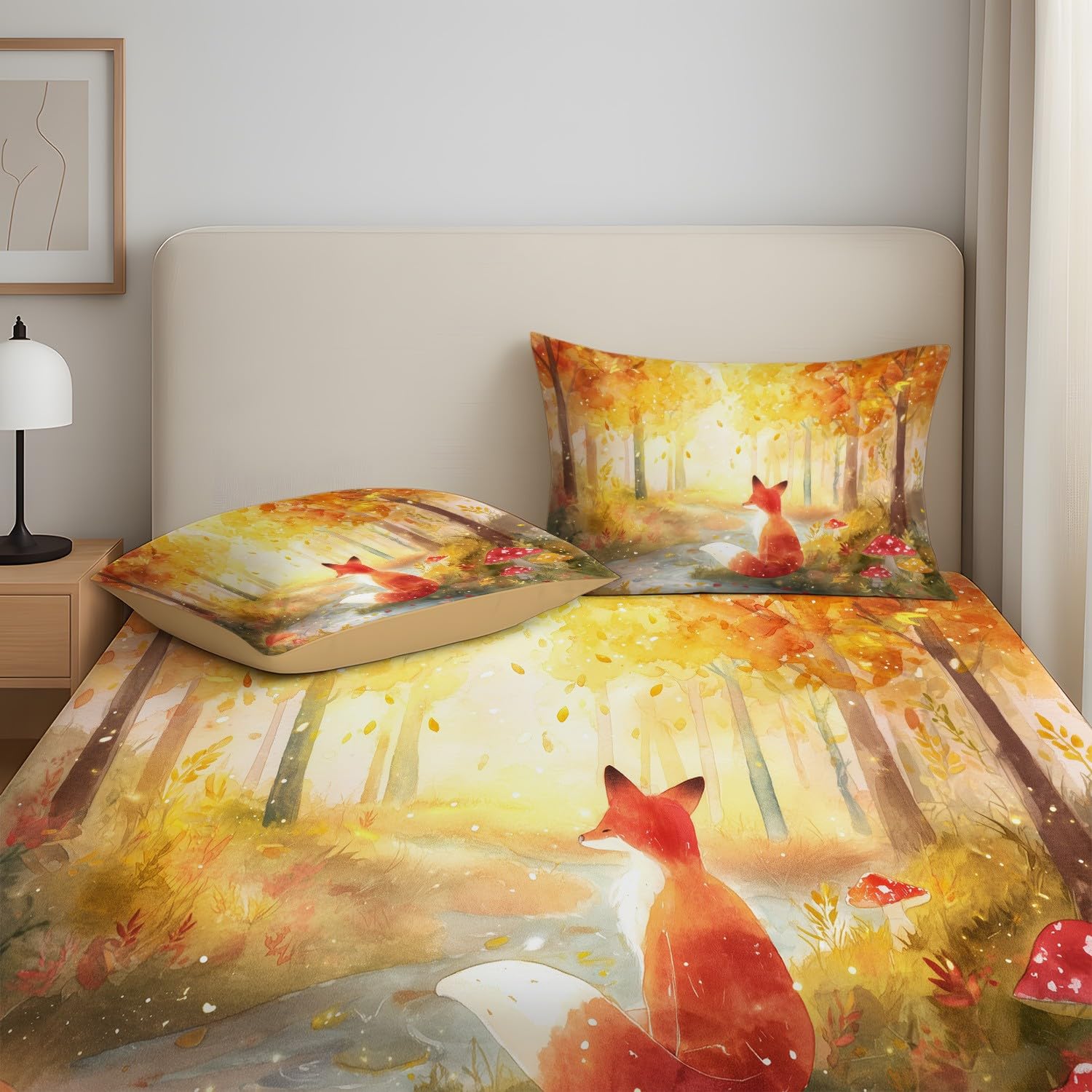 Magischer Wald Spannbetttuch Traumhaft Fuchs Botanisch Spannbettlaken 140 x 200 x 30 cm 3teilig Mikrofaser Bettwäsche Set mit 2 Kissenbezüge 80 x 80 cm Kein Flachbettlaken