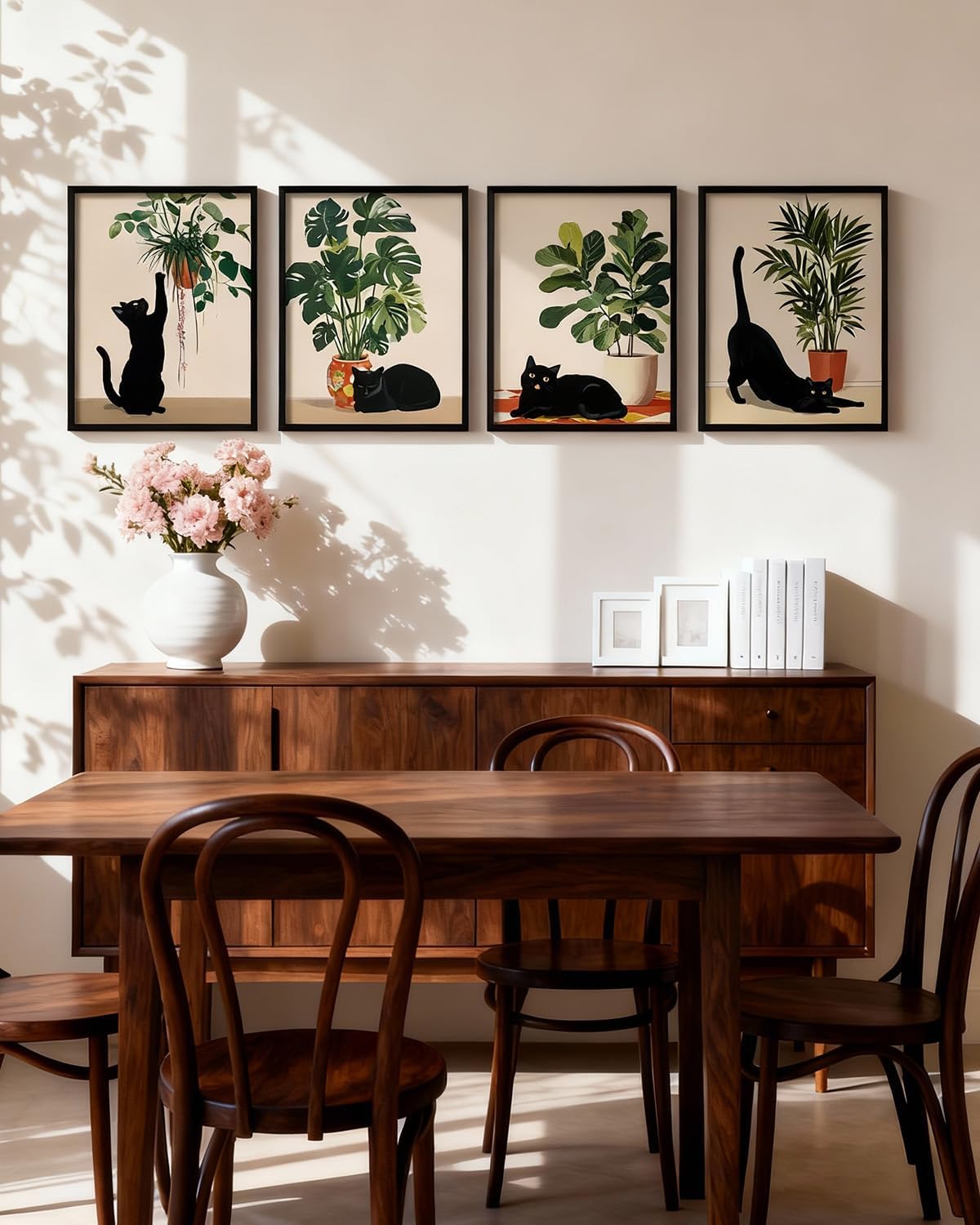 InSimSea 4 pcs Framed Canvas Art, Funny Black Cat Plant Art Prints, Vintage Cozy Botanical Wall Pictures Decor for Living Room Bathroom Bedroom Office,11x14in,set of 4, Neutral Maximalist Decor