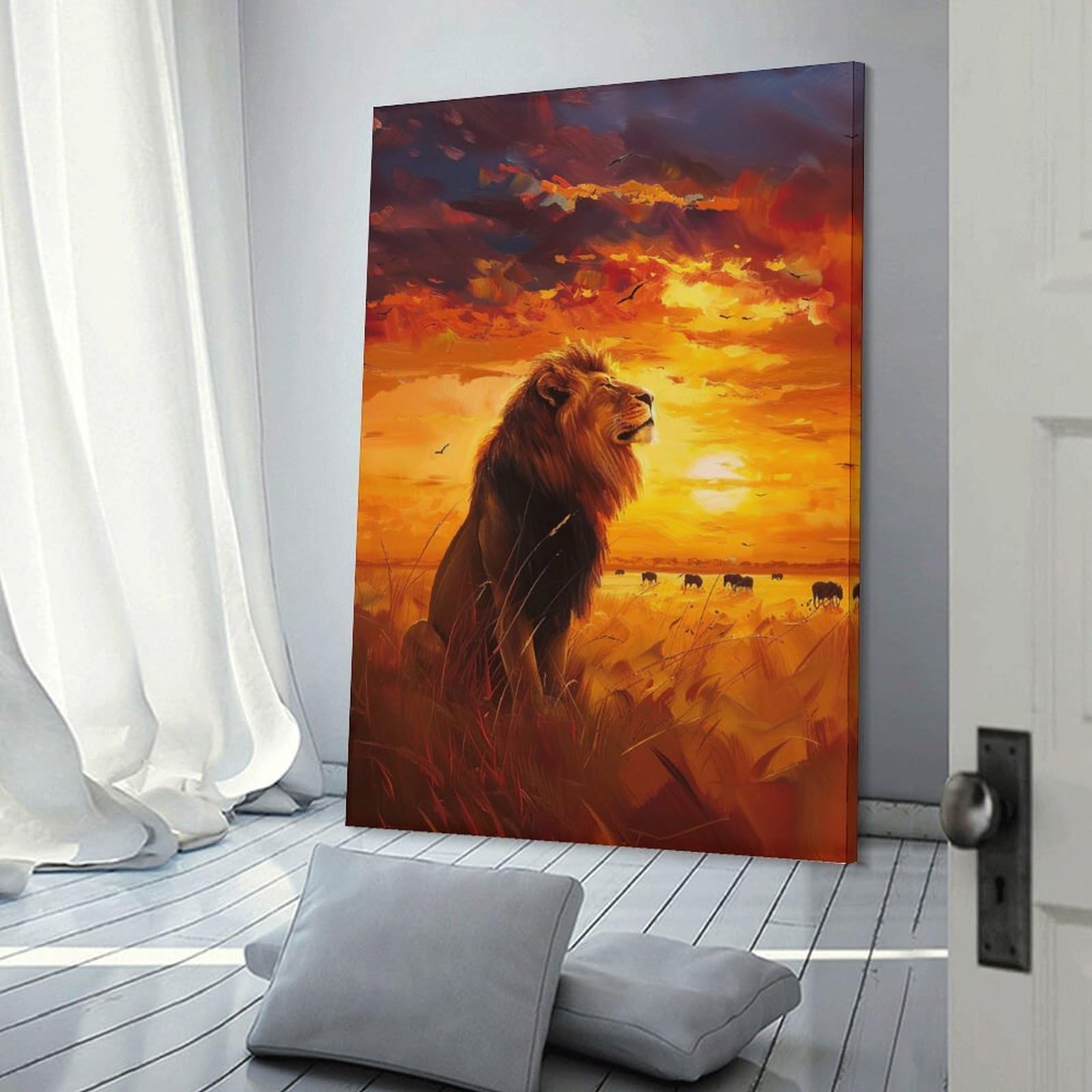 Junmoney Frame-Style-20 Lion At Sunset Wall Picture Print, 24X36inch(60X90cm), For Wall Displays, Bedrooms Or Room Updates, Decorative Artwork With Flexible Styling