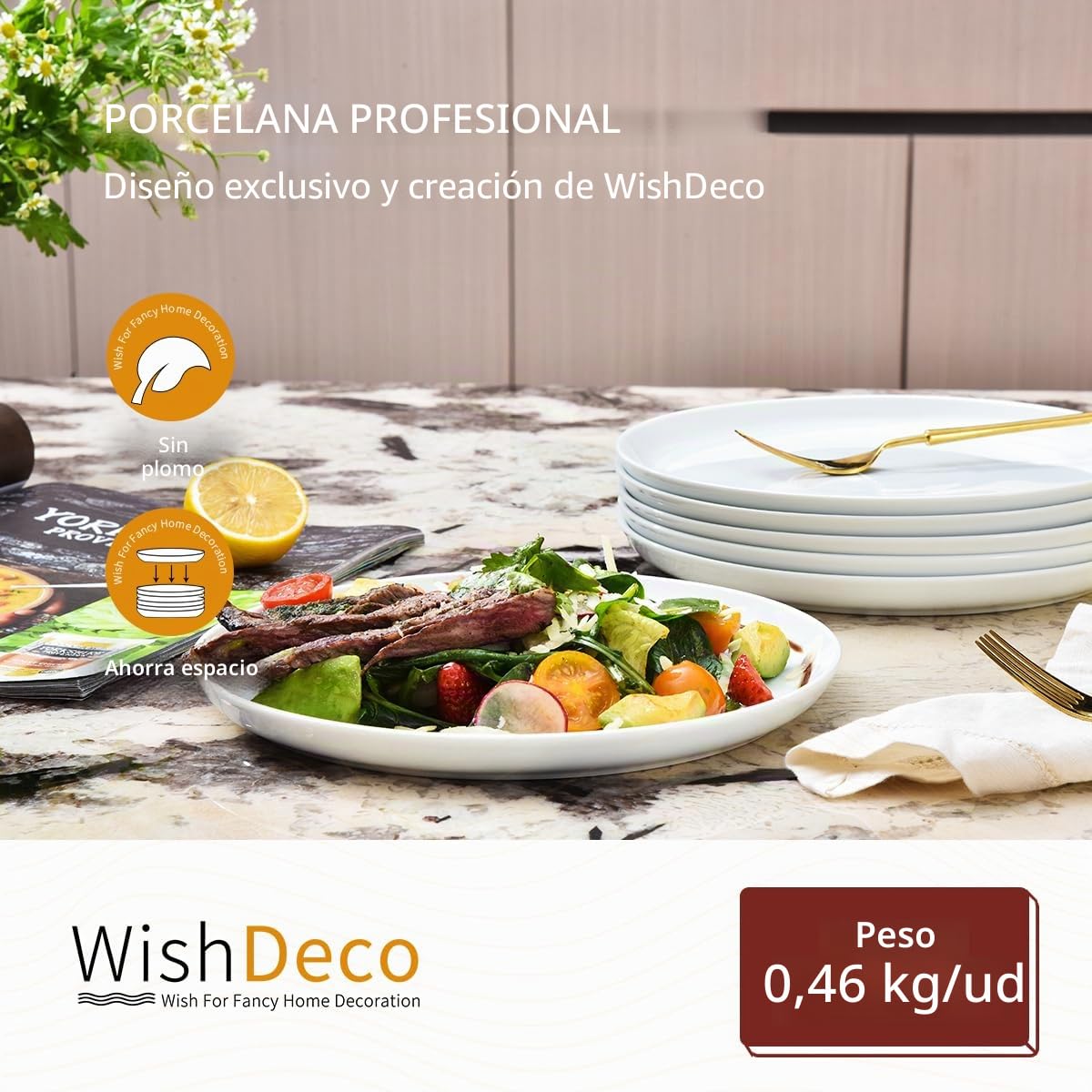 WishDeco Juego de 6 plato blancos de 23 cm de diámetro, platillos de porcelana, platos blancos con borde elevado, platos para servir ensalada, pasta, pizza