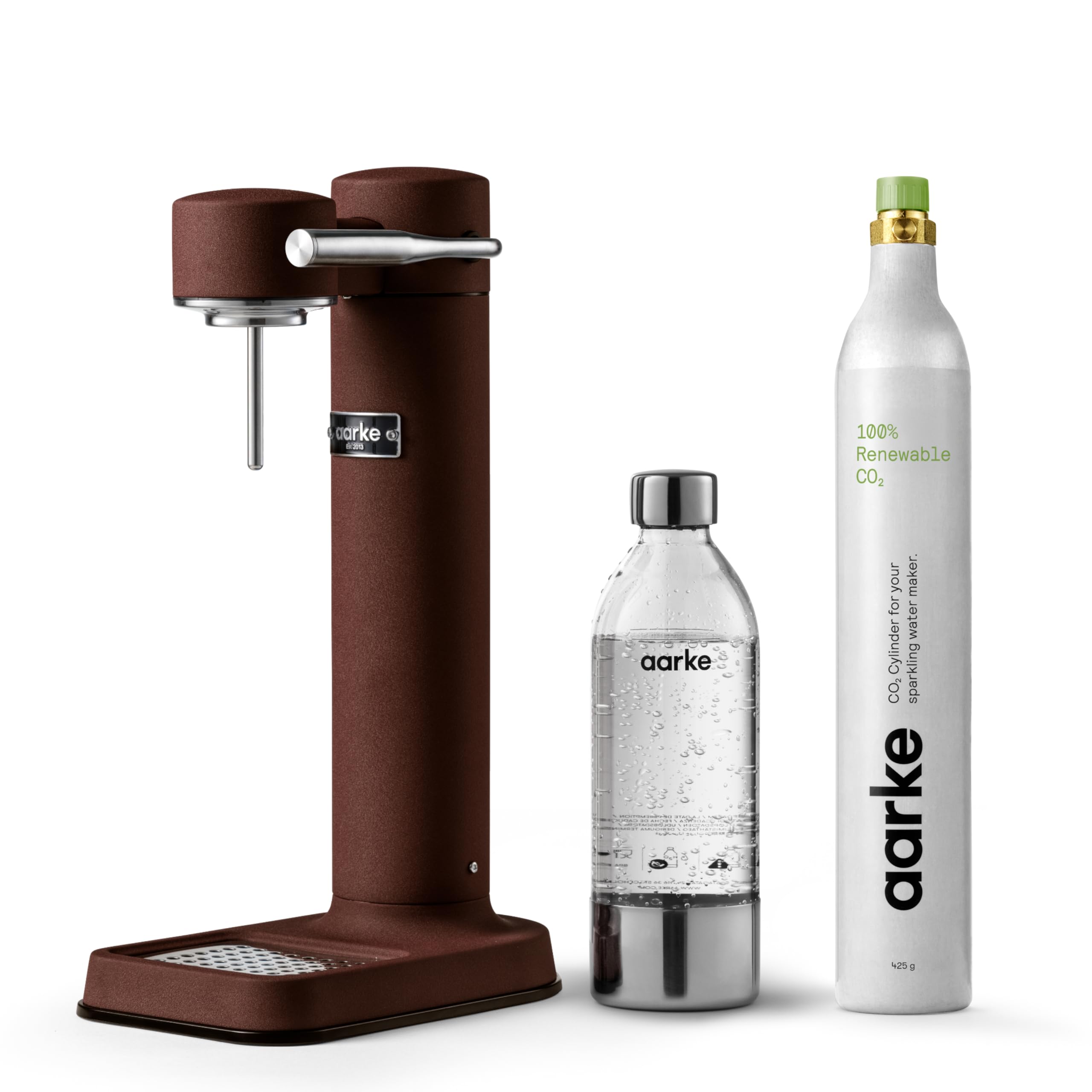 Aarke Carbonator 3, Wassersprudler aus Edelstahl im modernen Burgundy Finish mit BPA-freier 1L PET-Flasche + CO2 Zylinder, Sprudelwasserbereiter für Leitungswasser, kompatibel mit 60L CO2-Zylindern