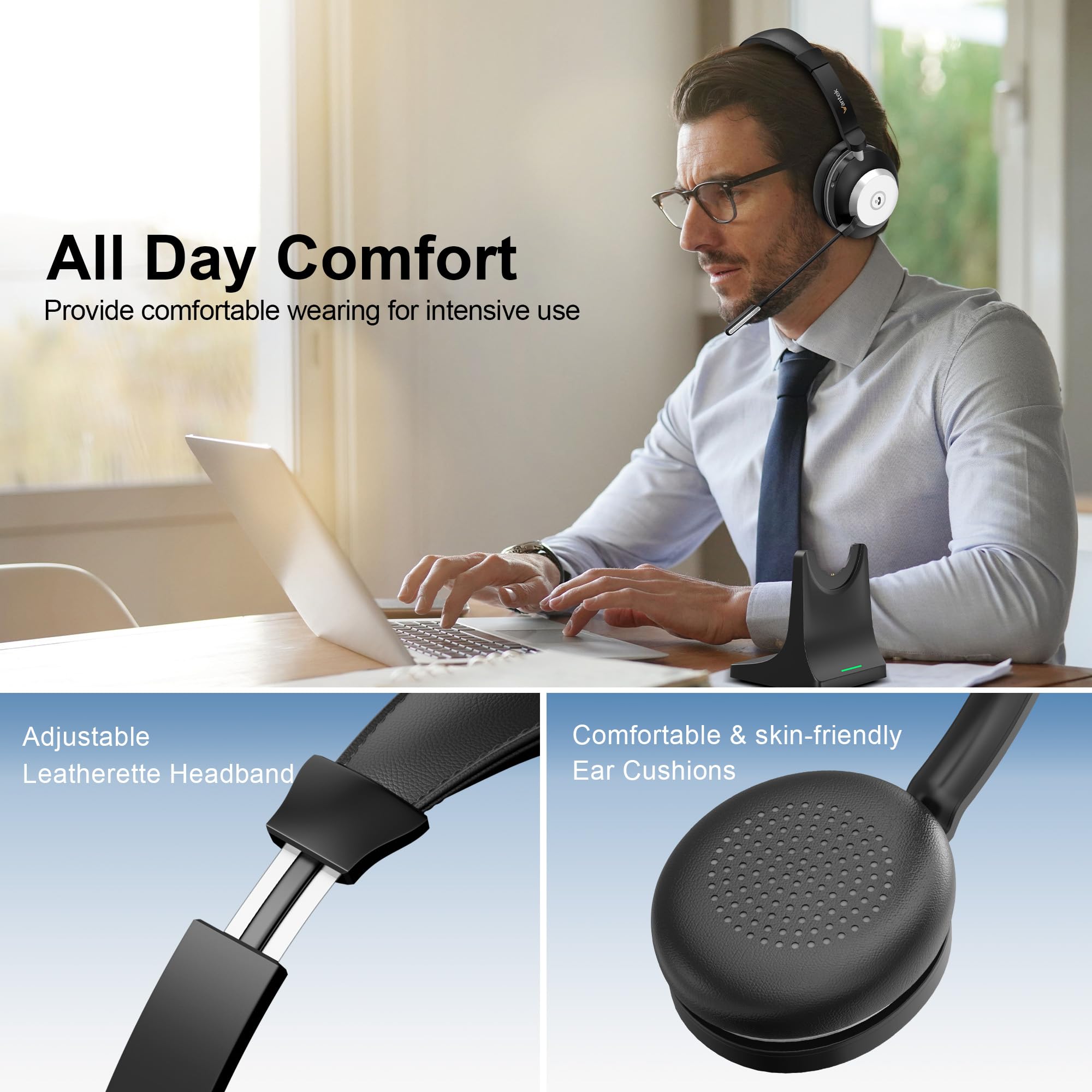 Wantek Cuffie wireless con microfono, Cuffie senza fili Bluetooth con stazione di ricarica o USB Dongle per PC Ufficio Zoom Skype Laptop
