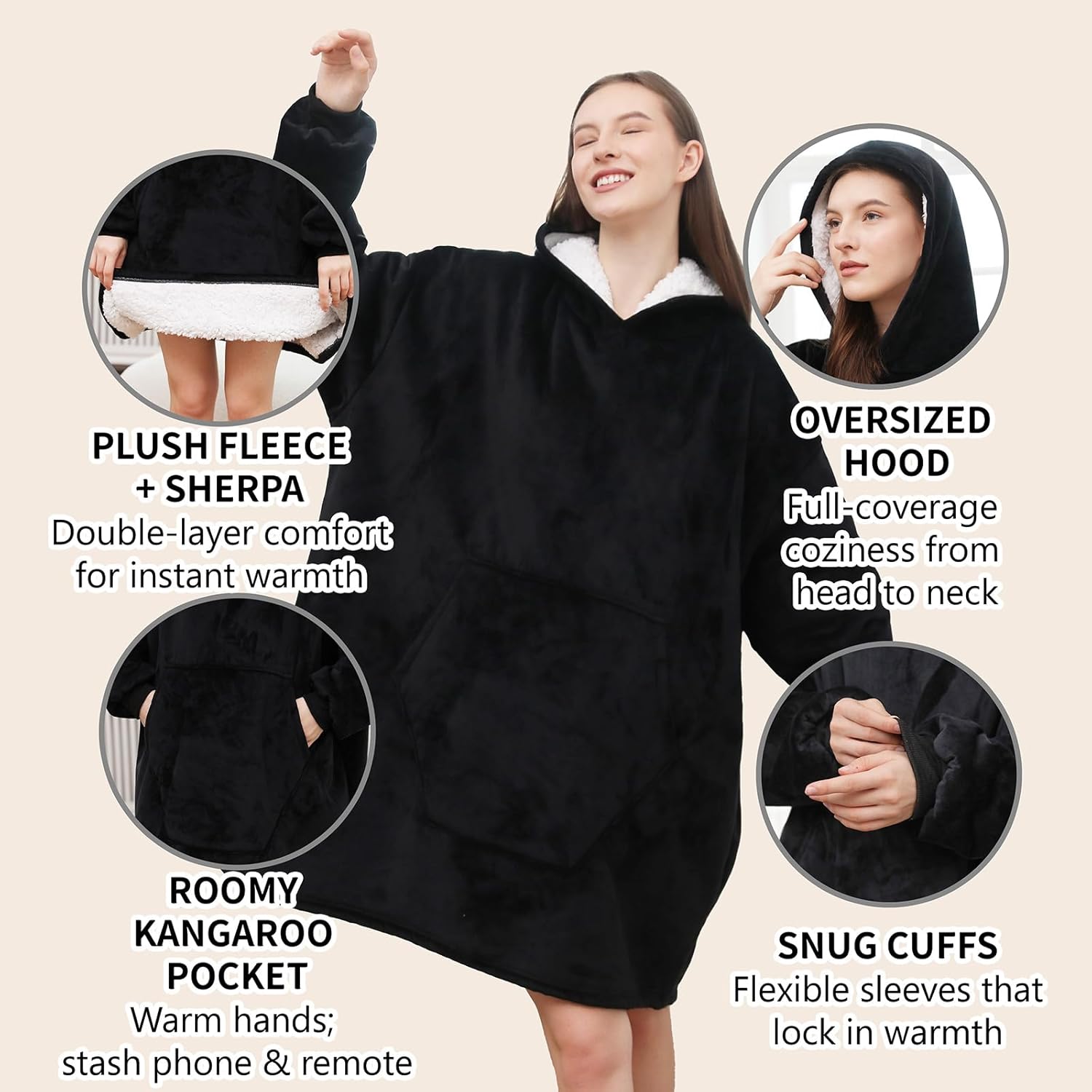 Oversize Wearable Blanket Hood Pocket And Sleeves Warm Comfortable Plush Wearable Blanket Adult Hooded Blanket