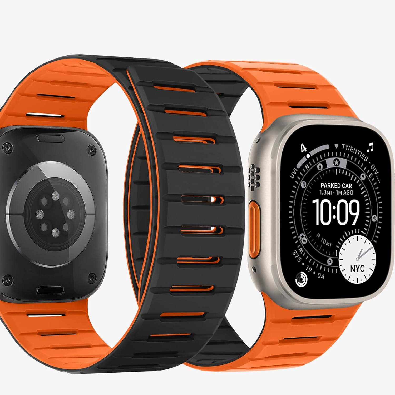 Bisikor Compatible with Apple Watch Band 49 46 45 44 42mm, Double Sided Wearable Soft Breathable Replacement Loop Strap for iWatch Ultra SE Series 11 10 9 8 7 6 5 4 3 (Black/Orange)