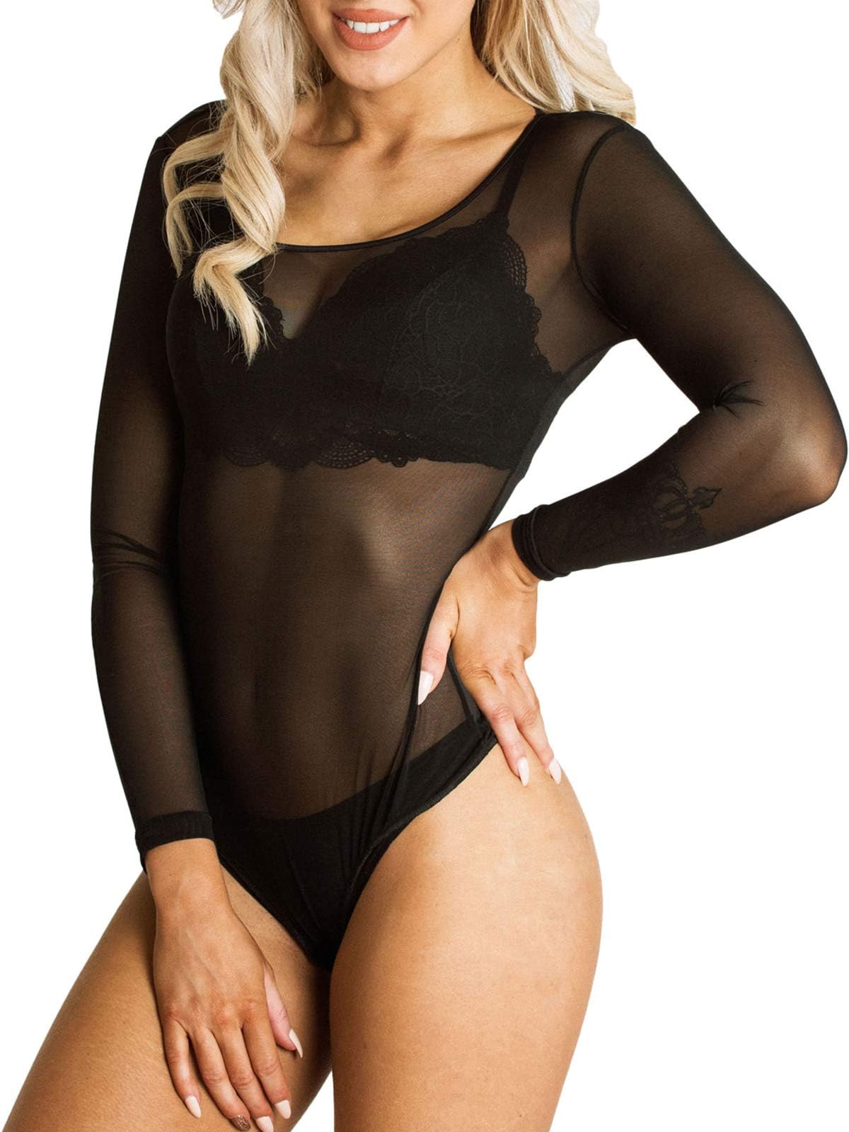 Kefali Ladies Bodysuit Thong Stringbody Deep Roundneck Longsleeve See Through