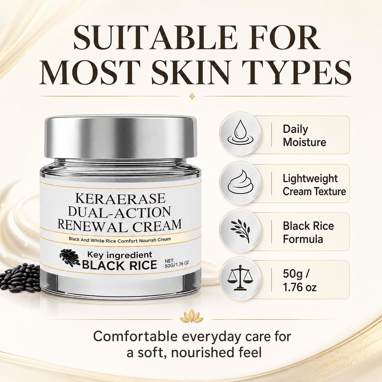 Upgraded Formula Keratin Erase Dual-Action Renewal Face Cream, Black Rice & Niacinamide Moisturizer with Aloe, Soothing Repair Cream for All Skin Types (Pack of 2)