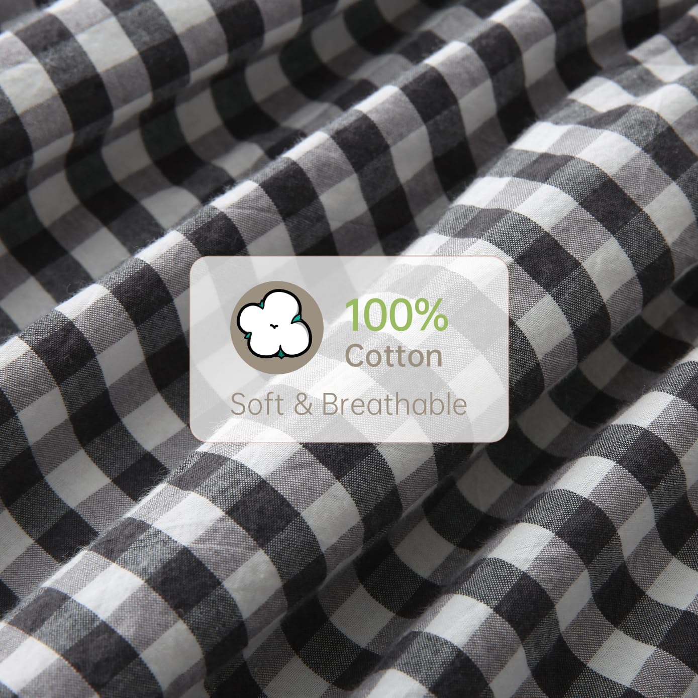 Wrap Around King/Cal King Bed Skirt 16" Drop, Black & White Gingham, 100% Washed Cotton, No-Lift Easy Install, Non-Slip Straps, Farmhouse Style