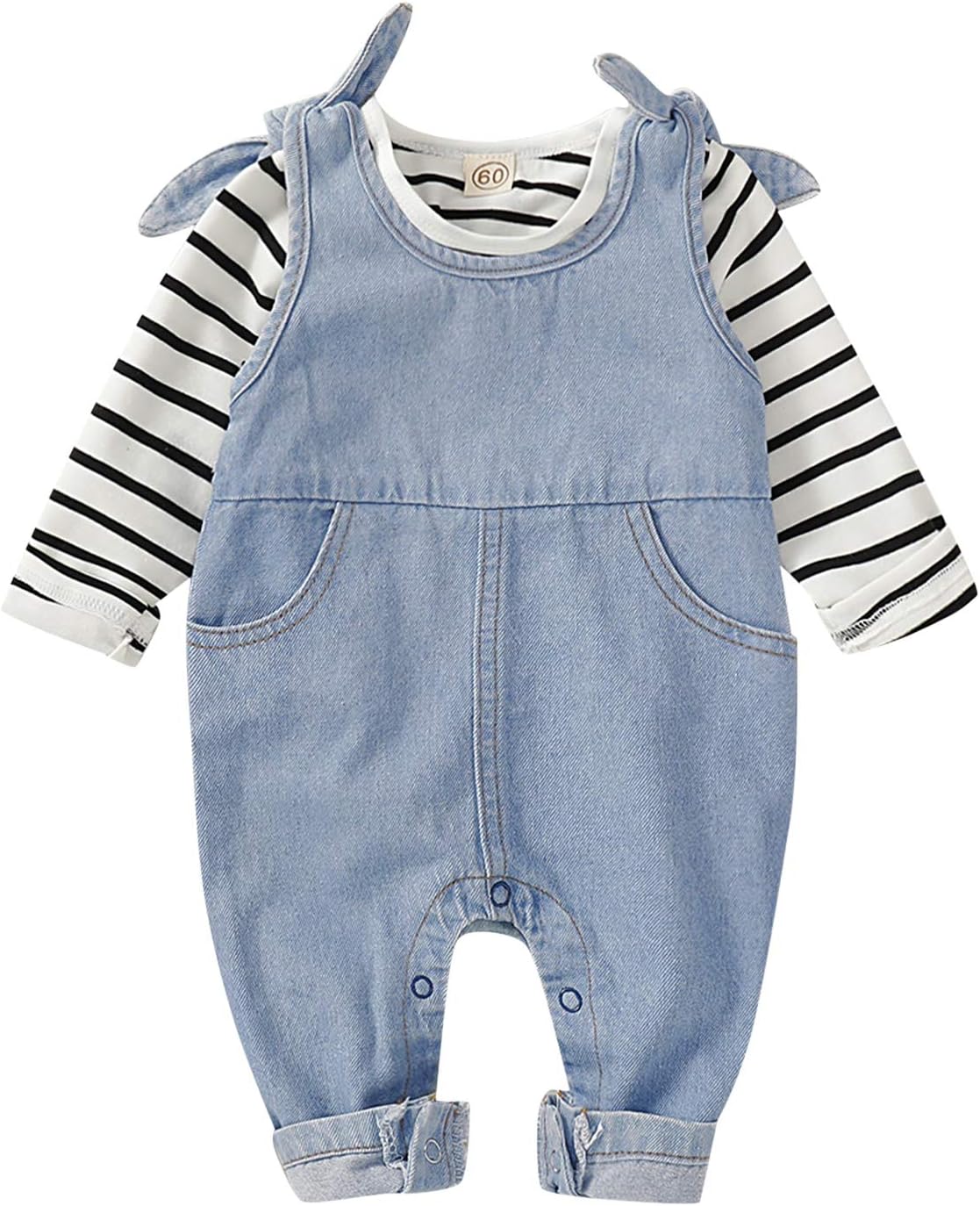 Baby Boys Girls One Piece Denim Jumpsuit Soft Jeans Romper Overalls + Long Sleeve Striped T-Shirts