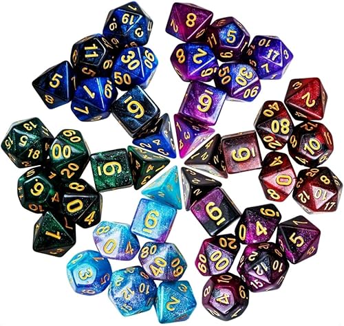 Vista 28 de DND - Juego de 42 dados poliédricos de Calabozos y Dragones para juegos de mesa D&D RPG MTG, dados a granel con coloridas bolsas de cordón y bandeja