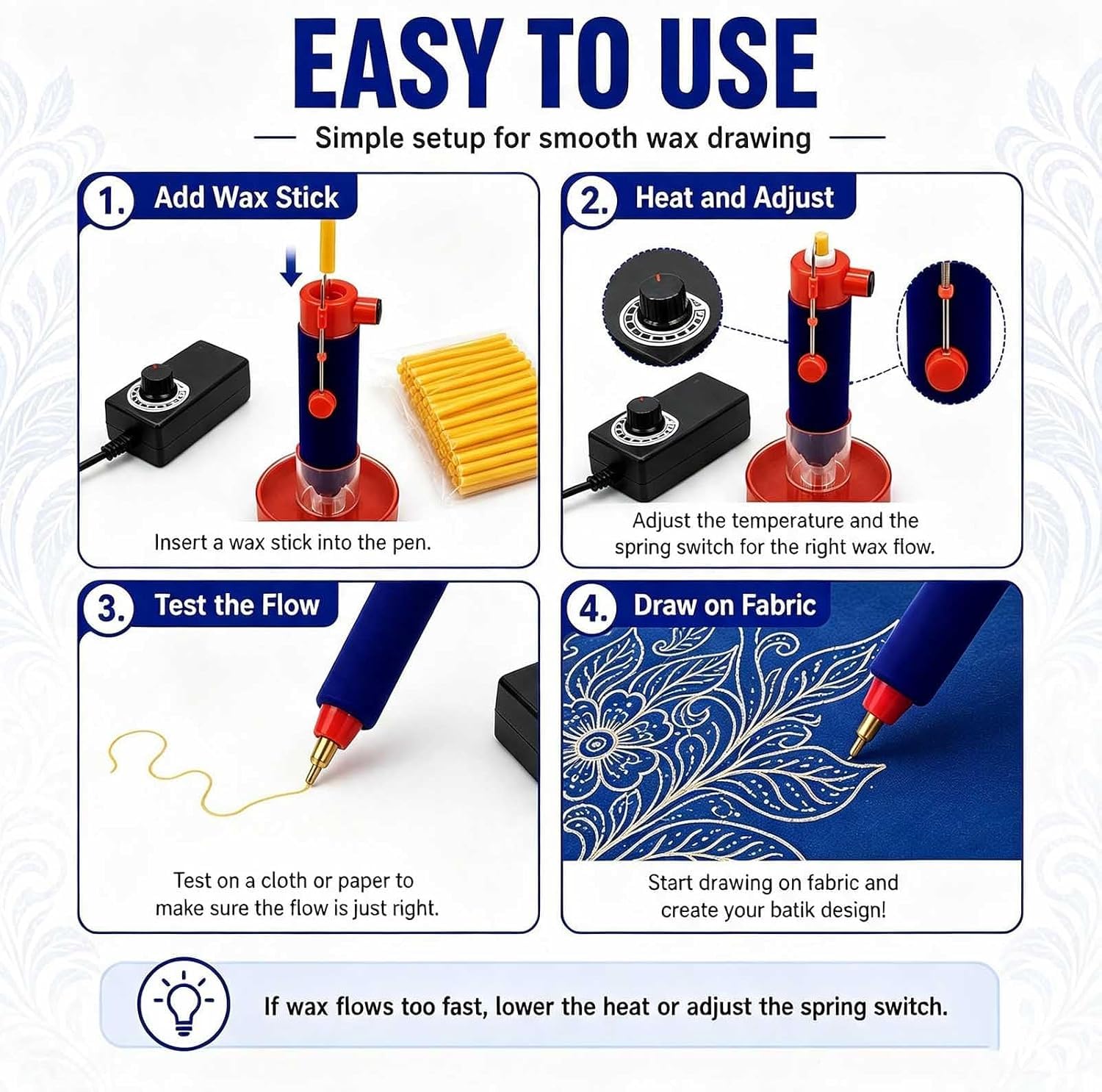 Eoweiot Pluma de cera eléctrica con temperatura ajustable para arte en tela y arcilla, kit completo para pintar y dibujar.