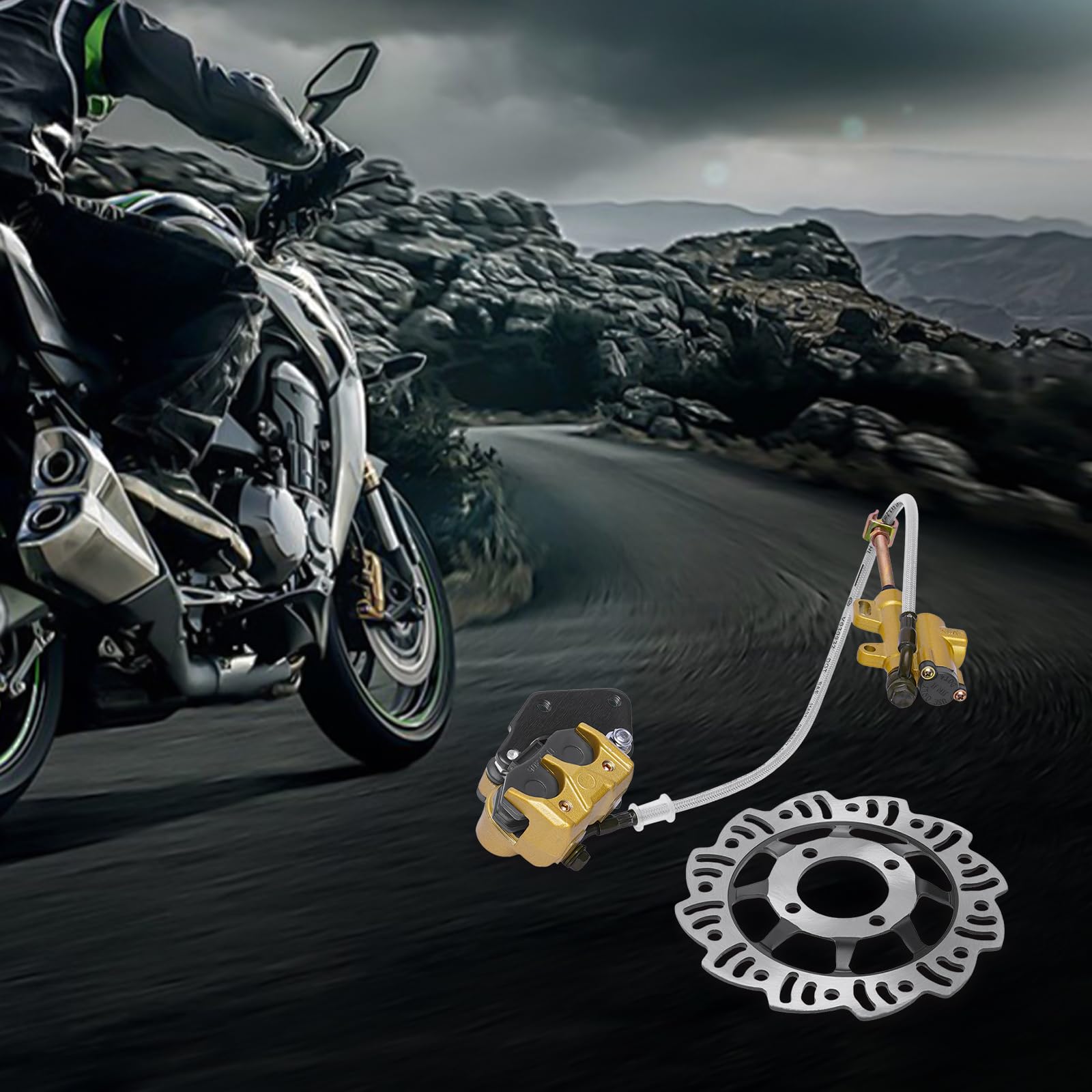 MotoCross zestaw hamulców hydraulicznych, zacisk hamulcowy tylny, części zamienne do motocykla, kompletny zestaw premium z wytrzymałą tarczą hamulcową i okładzinami, do 49-125 cm³, 4-suwowych rowerów