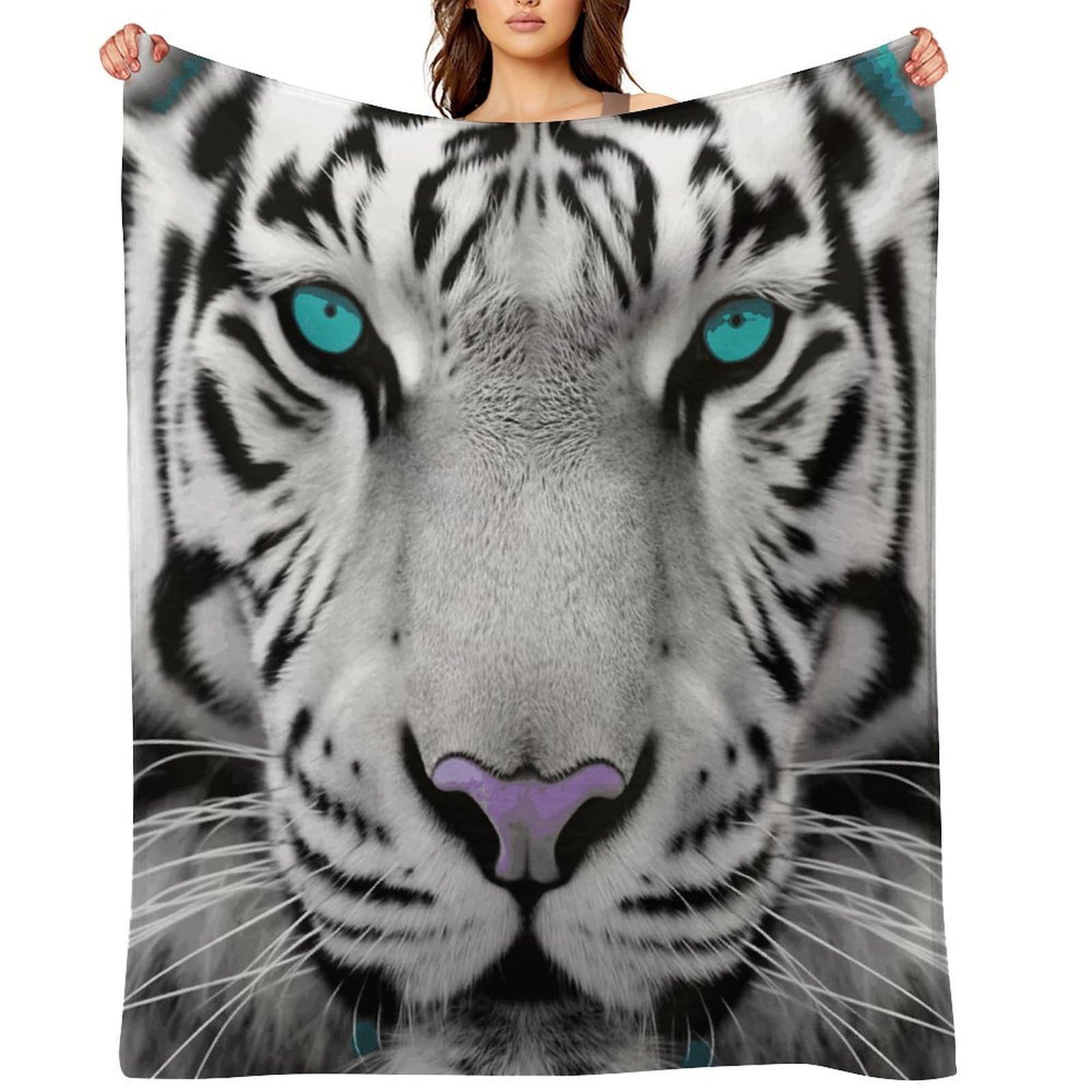 Tiger with Teal Eyes Blankets Flannel Soft Blanket for Couch Warm Cozy Throw Blankets Fashion Bed Blanket Thick Bath Towel Bedspread Tapestry for Home Supplies Gift 40"x50"