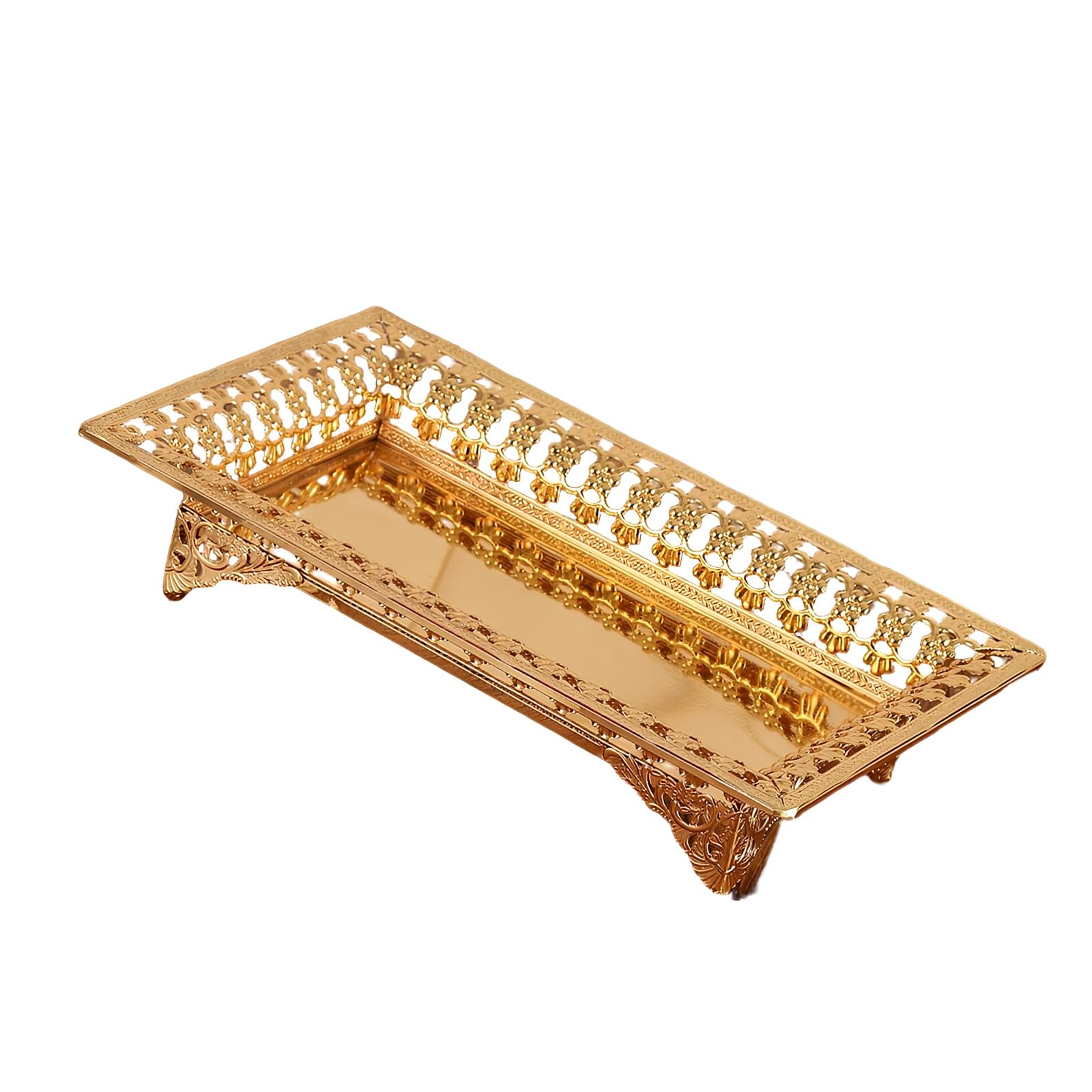 Iron European Rectangular Serving Plate with Base Gold Hollow Out Fruit Tray for Festives Decors and Snacks Serving European Gold Iron Rectangular Tray with Hollow Out Base for Fruit Display