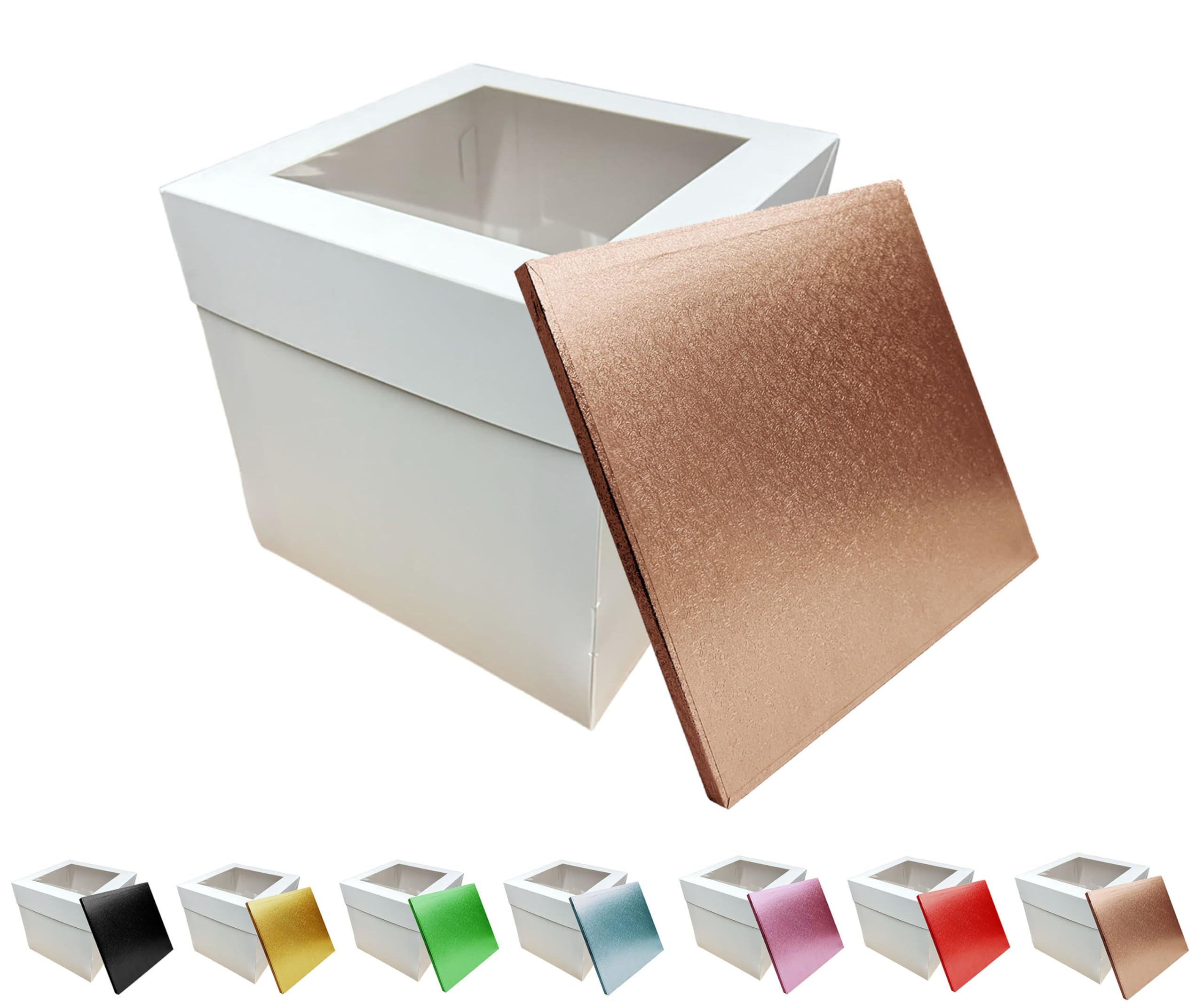 LARRYROO Tall White Cake Box Extra Deep with Clear Display Window & Vibrant, Colourful Square Cake Drum Board Combo (Rose Gold, 12 Inch)