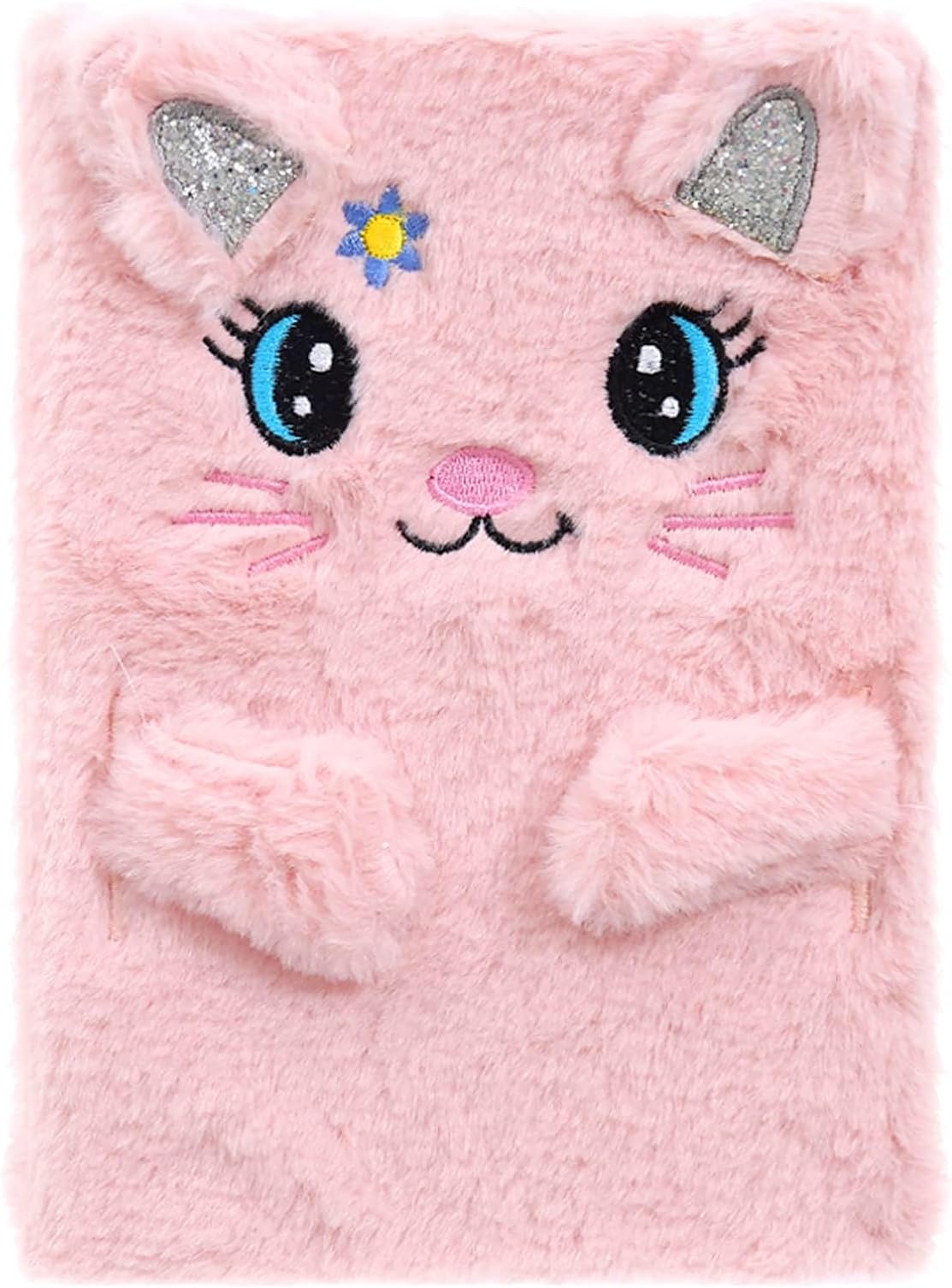 KASTWAVE Plush Cat Diary Notebook, Cute Fluffy Pink Cat Journal Set for Kids Girls Secret Diaries Writing and Drawing, Office Supplies,160 Pages