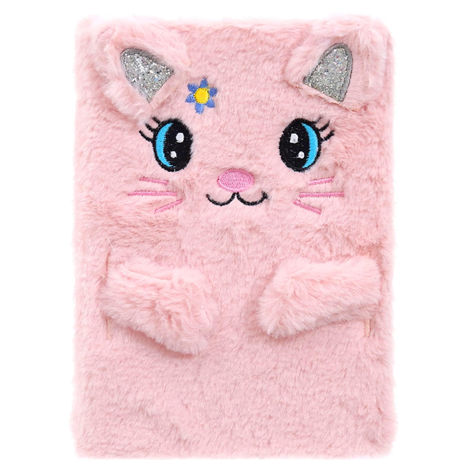 KASTWAVE Plush Cat Diary Notebook, Cute Fluffy Pink Cat Journal Set for Kids Girls Secret Diaries Writing and Drawing, Office Supplies,160 Pages